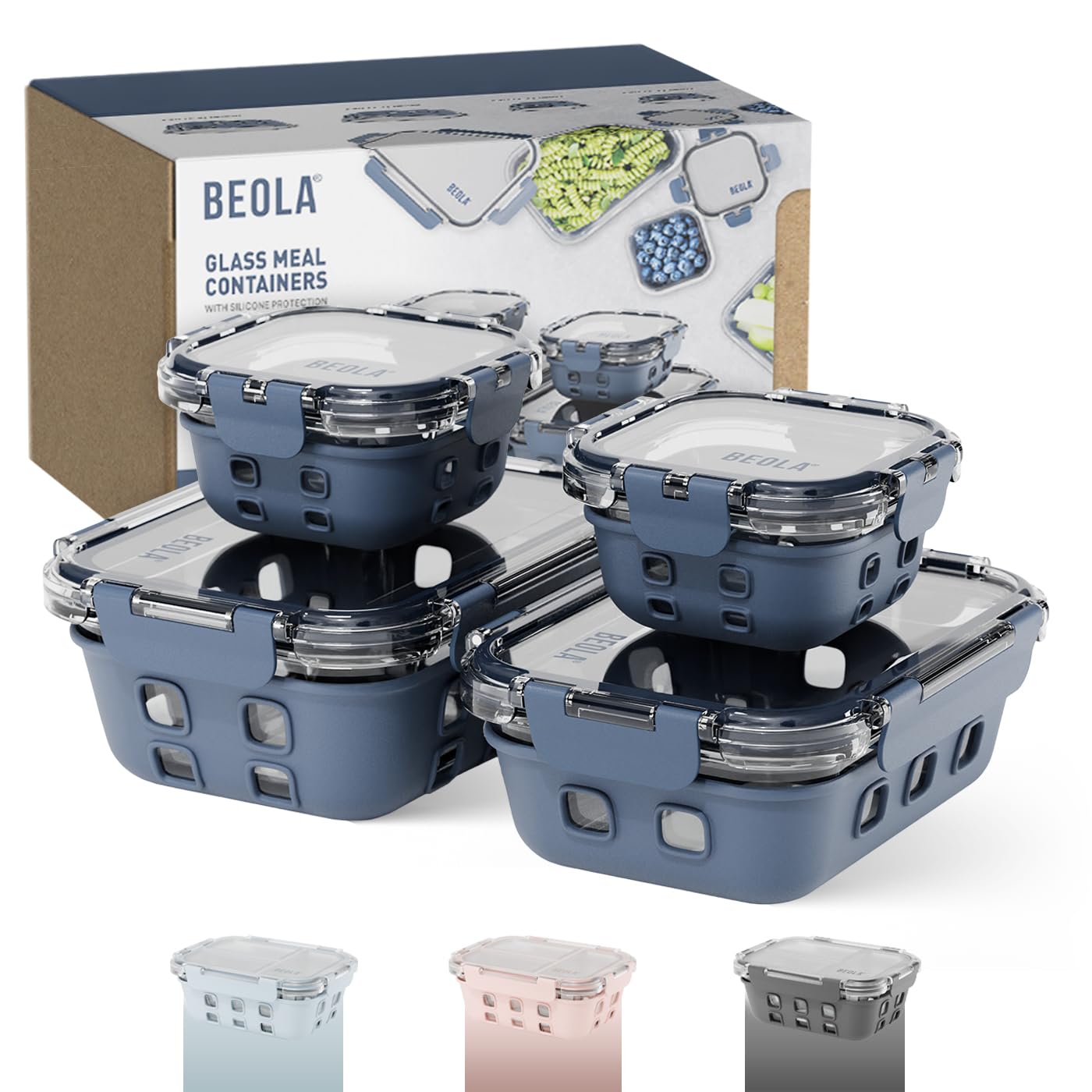 BEOLASet of 4 Glass Food Storage Containers, Lunch Box, with Airtight Lids and Silicone Protection, Leakproof Food Organizer, Freezer, Dishwasher, Microwave Safe, Glass (Marine Blue)