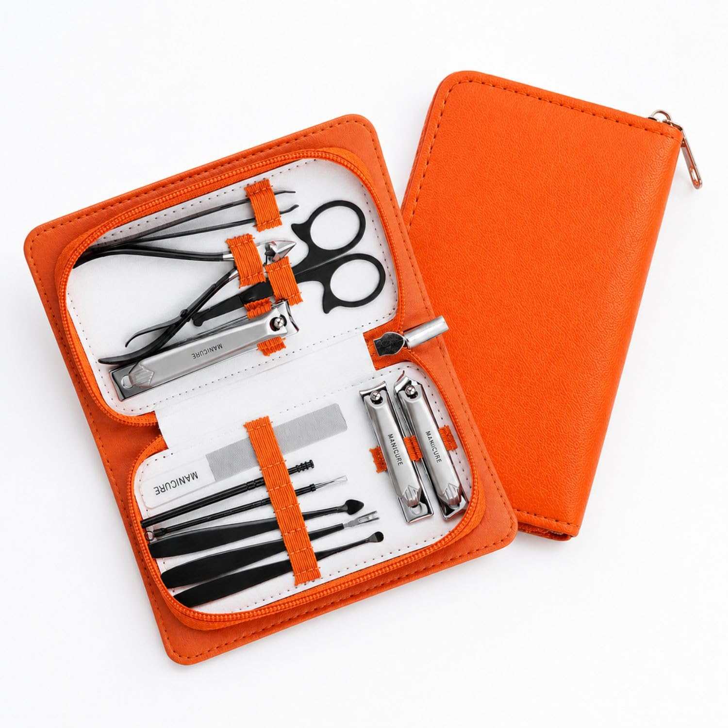kallisto essential manicure pedicure kit | 12-in-1 grooming set with nail cutter, scissors, cuticle tools & travel case | stainless steel nail care kit for men & women (orange)