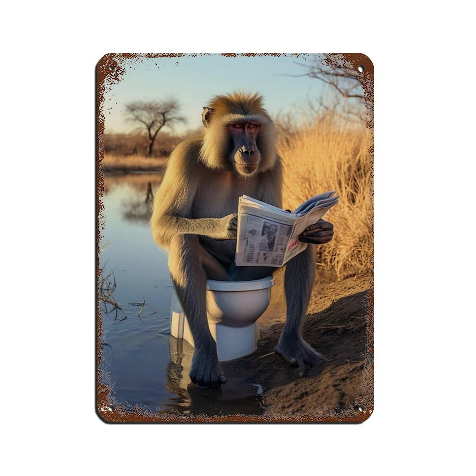 Lxwnze 30L X 40W Cm Mandrill Monkey Sitting On The Toilet Reading A Newspaper (8) Tin Sign Vintage Metal Pub Club Cafe Bar Home Wall Art Decoration Poster Retro 12X16inch(30X40cm)