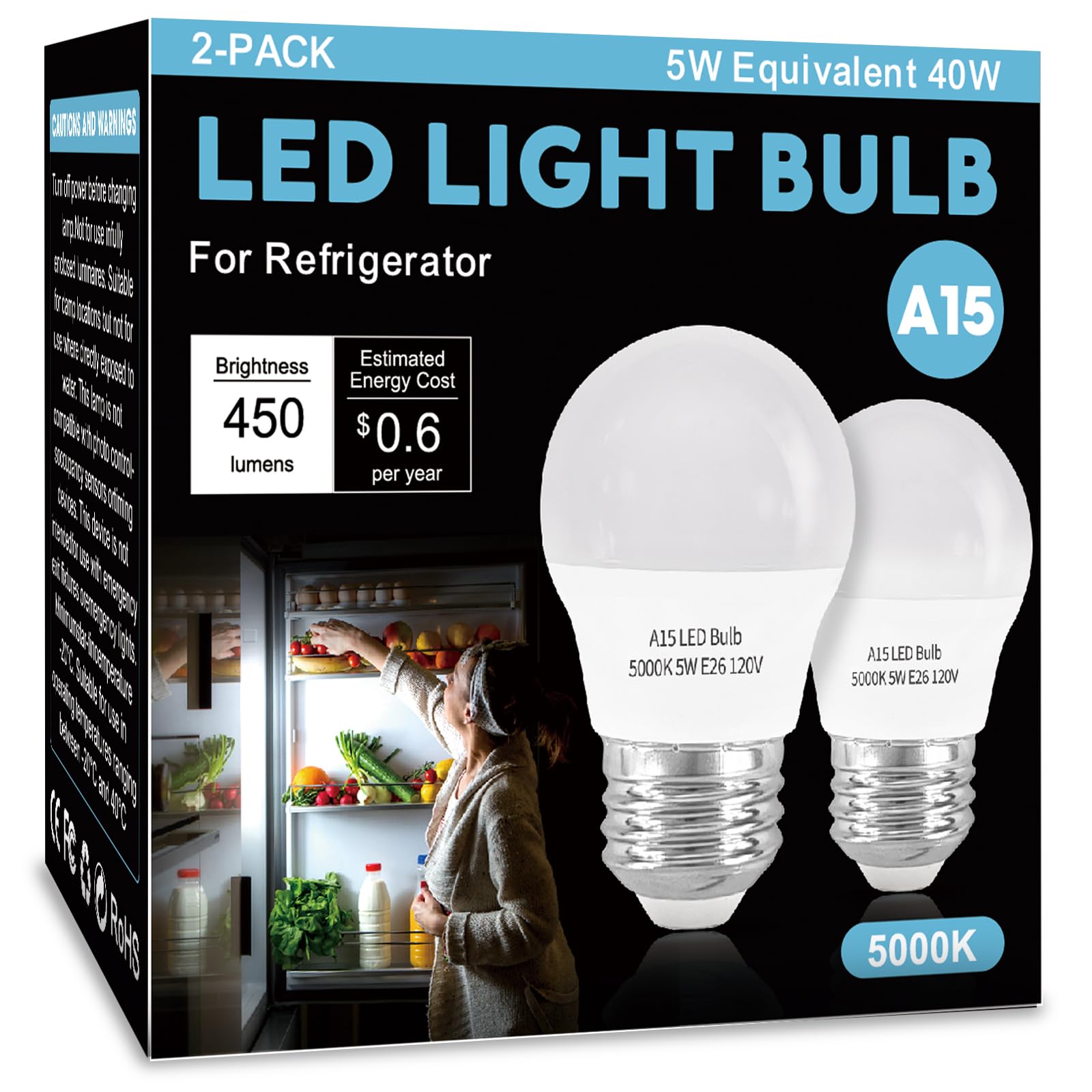 LED Refrigerator Light Bulb 2 Pack Daylight White 5000K 120V 40W Equivalent Appliance Bulb A15 5W E26 Base