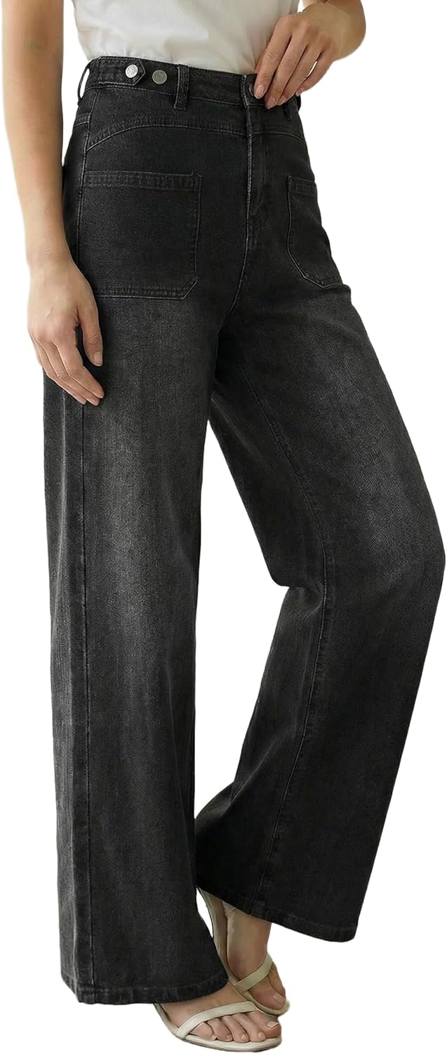 Arach&Cloz Womens Lyocell Cotton Denim Adjustable Waist Stretchy Spring Wide Leg Jeans