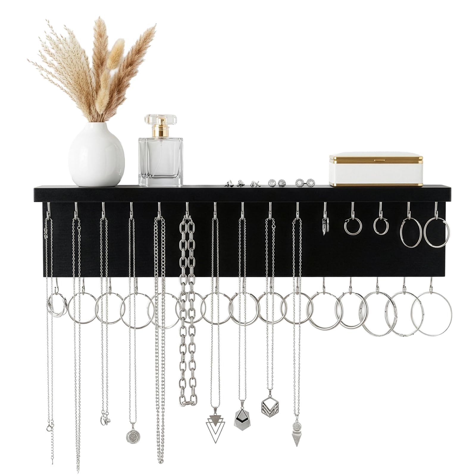 SUNNYNEST Jewelry Organizer with 30 Hooks & Storage Shelf, 38 x 10 x 8 cm Wall Mounted Rustic Pine Wood Necklace Holder for Bracelets, Rings & Cosmetics, Space Saving for Kids & Adults (Black)