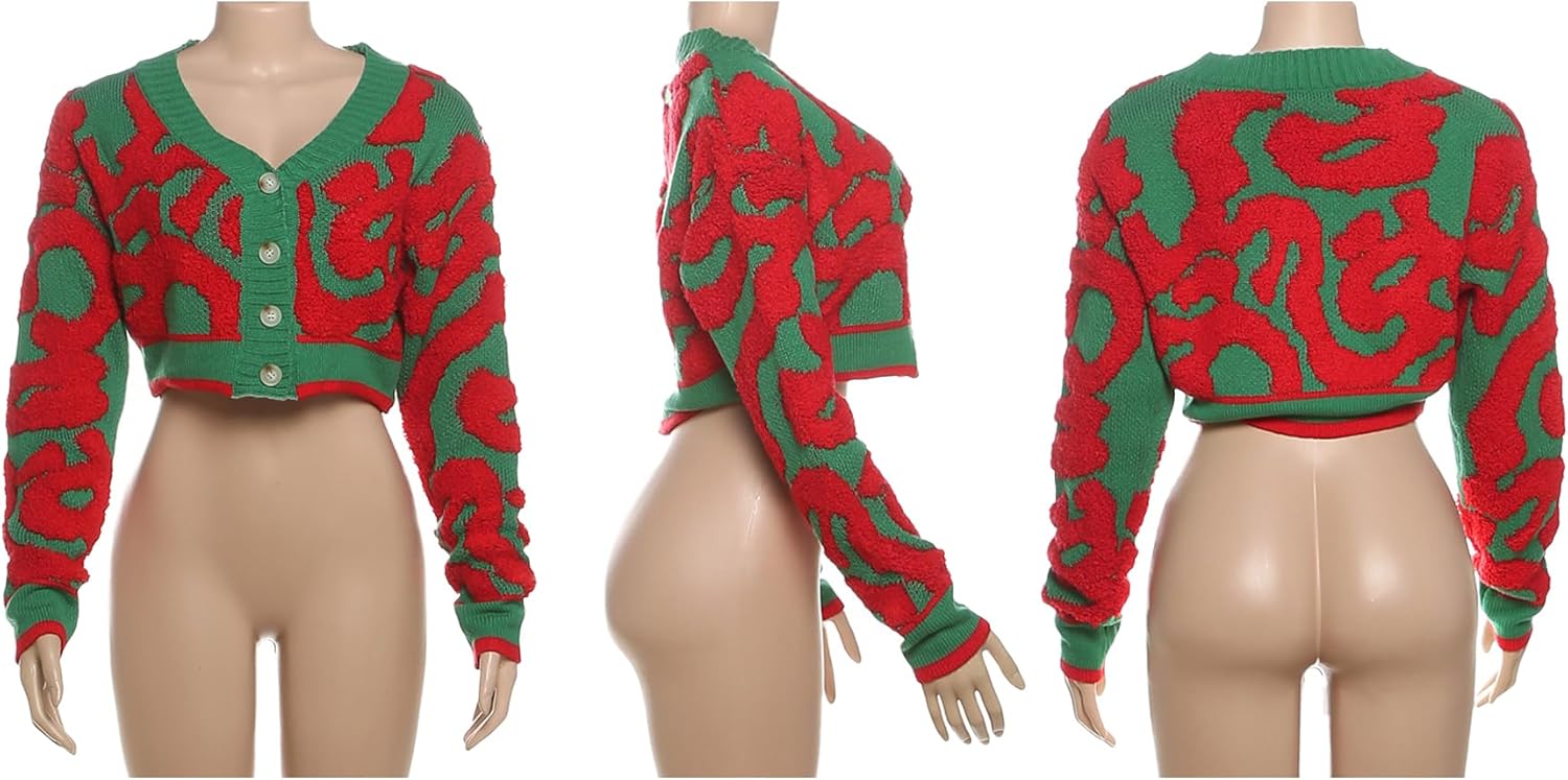 Women's Button Down Cropped Cardigan Y2K Long Sleeve V Neck Open Front Graphic Cardigan Sweaters Streetwear - Image 5