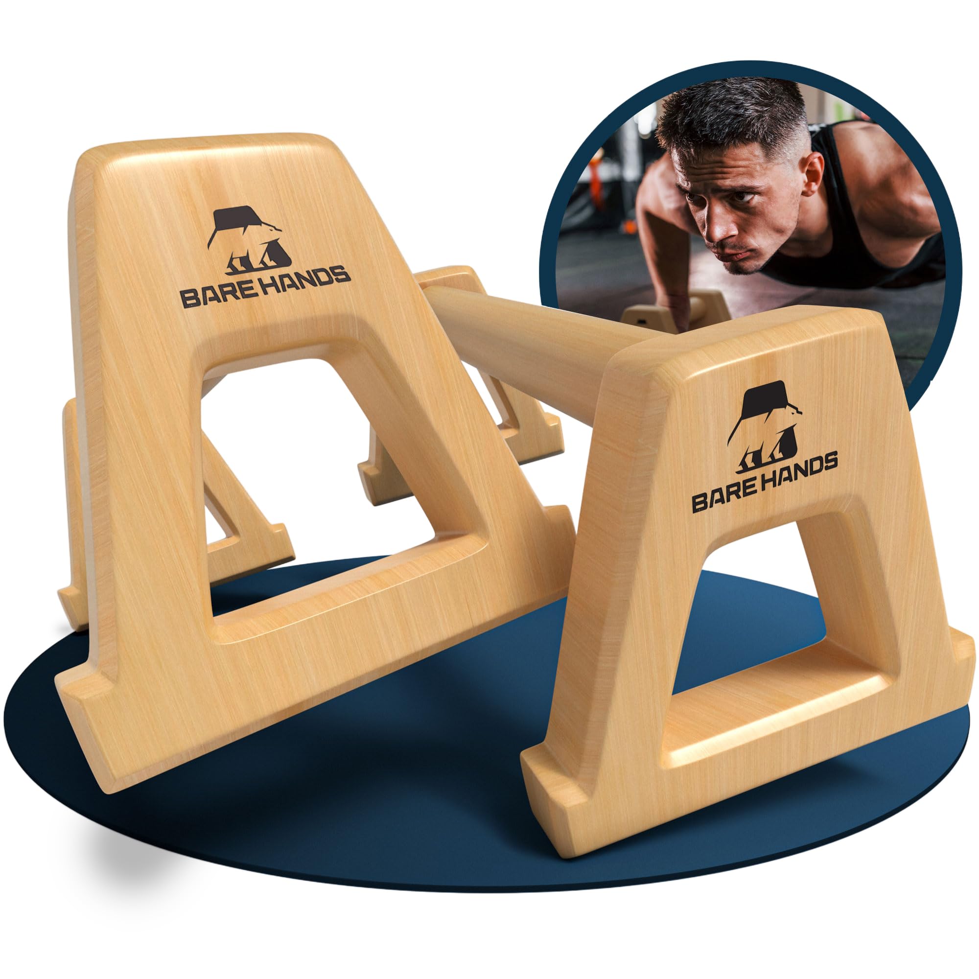 BARE HANDS Push-upgrepen, 2x gewrichtsvriendelijke en antislip houten push- upgrepen, calisthenics apparatuur voor binnen en buiten, ideaal voor handstand en push-ups, model S, donker