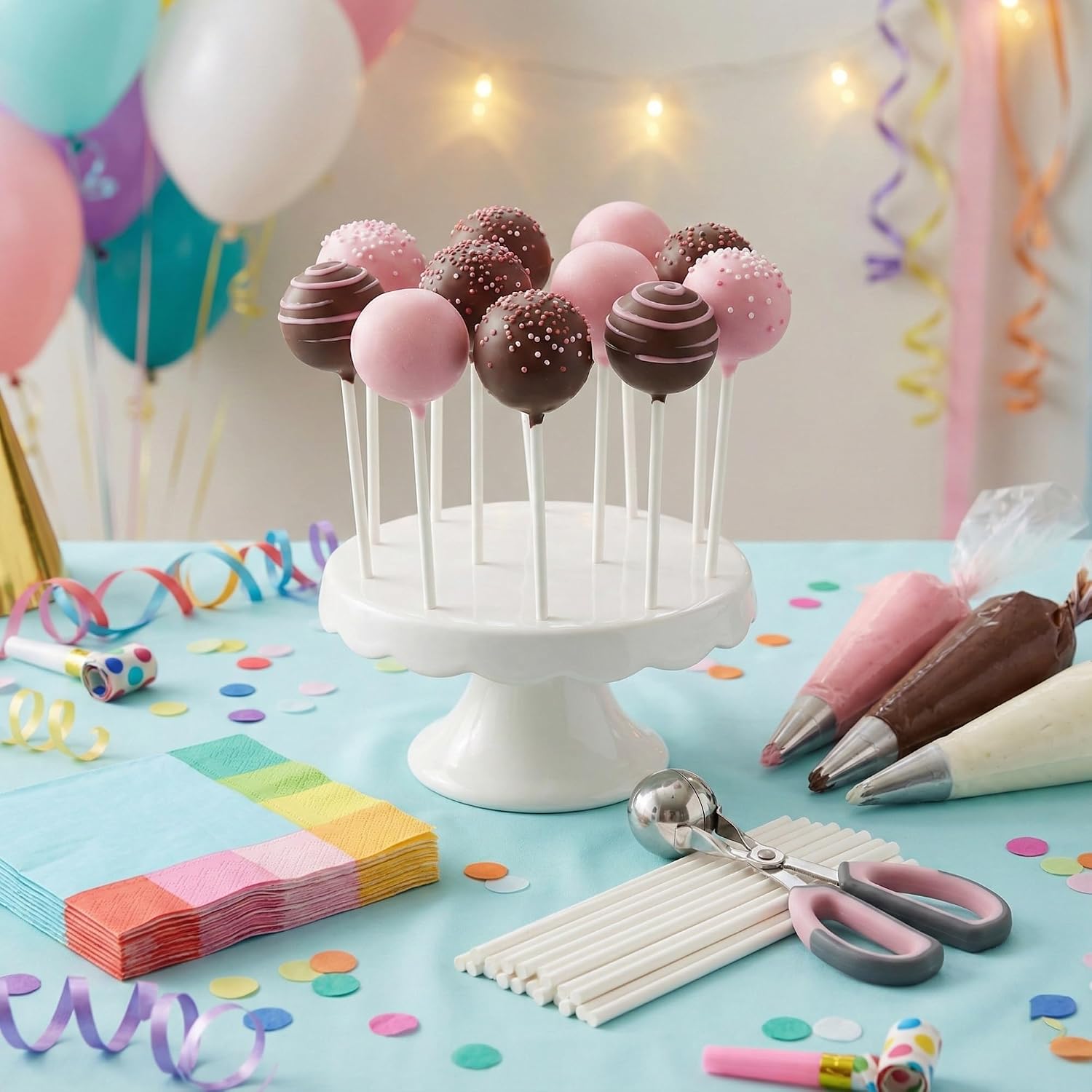 1PCS Cake Pop Scoop + 100PCS Paper Lollipop Sticks + 100PCS Piping Bags, 4.6 cm Pink Cake Pop Baller Tool for Perfect Cake Pops, Meatballs, Lollipops, Candy & Dessert Decorating