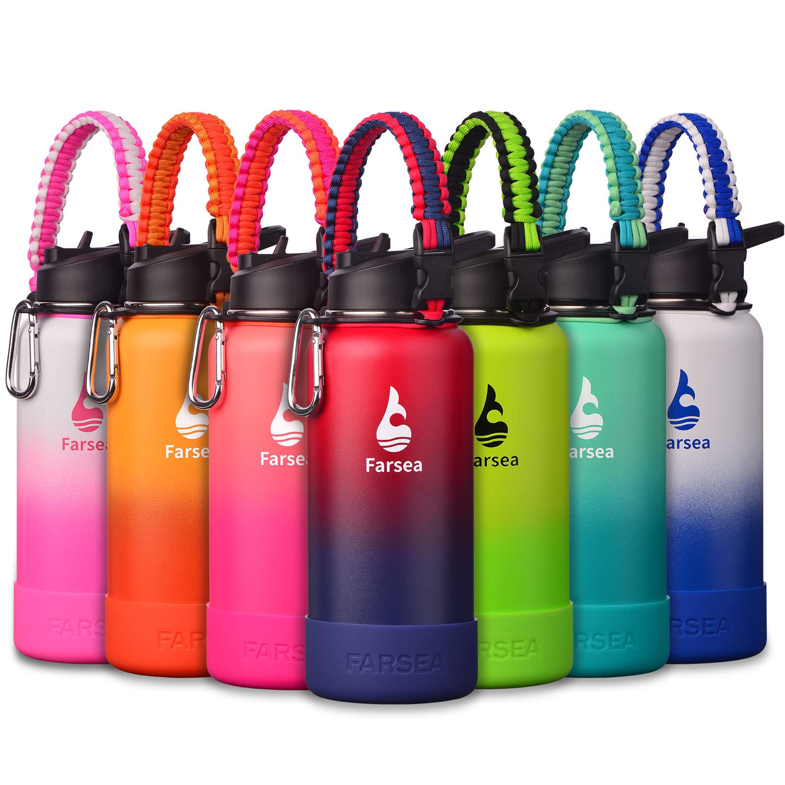 Farsea Insulated Water Bottle With Paracord Handle, Protective Silicone Boot and 2 Lids (Straw Lid & Spout Lid), Stainless Steel Water Bottle Wide Mouth, Double Wall Sweat-Proof BPA-Free, 32 oz