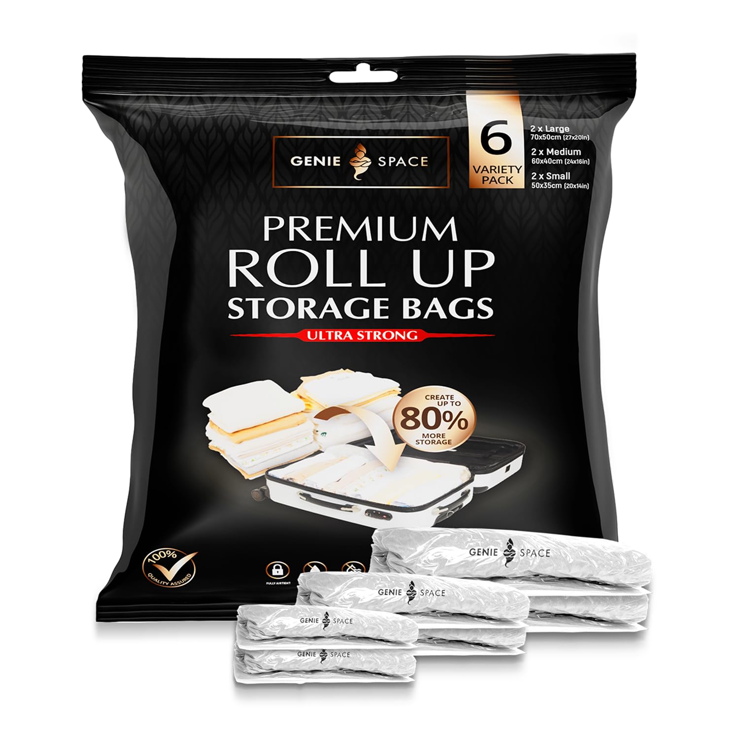 GENIE SPACE Roll-Up Storage Bags for Clothes – Travel Space Saver Bags, Airtight & Waterproof, No Pump Needed – Variety 6-Pack (2 Large 70×50 cm, 2 Medium 60×40 cm, 2 Small 50×35 cm)