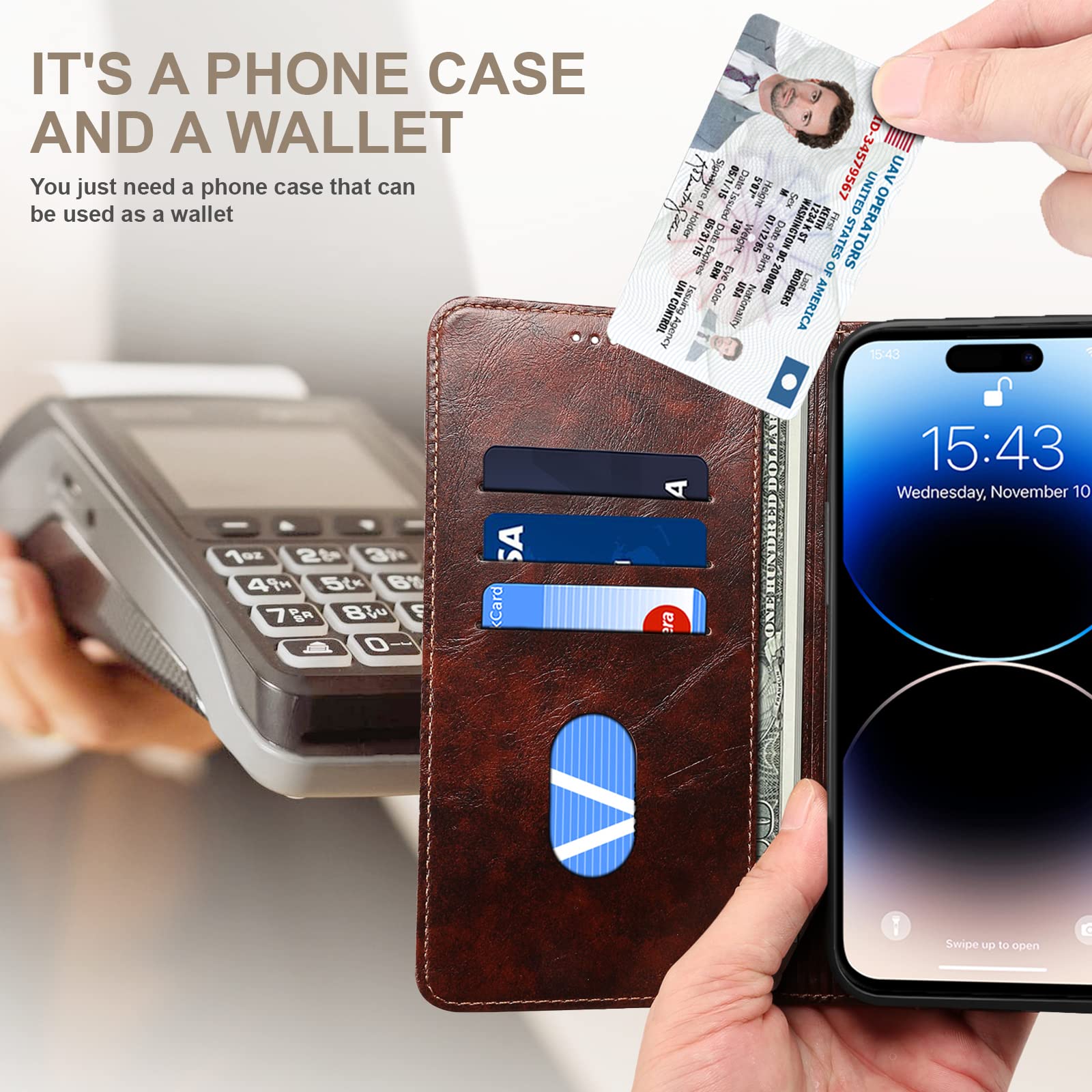 SINIANL iPhone 15 Pro Case, Leather Wallet with Magnetic Kickstand, 3 Card Slots & Cash Compartment, Brown