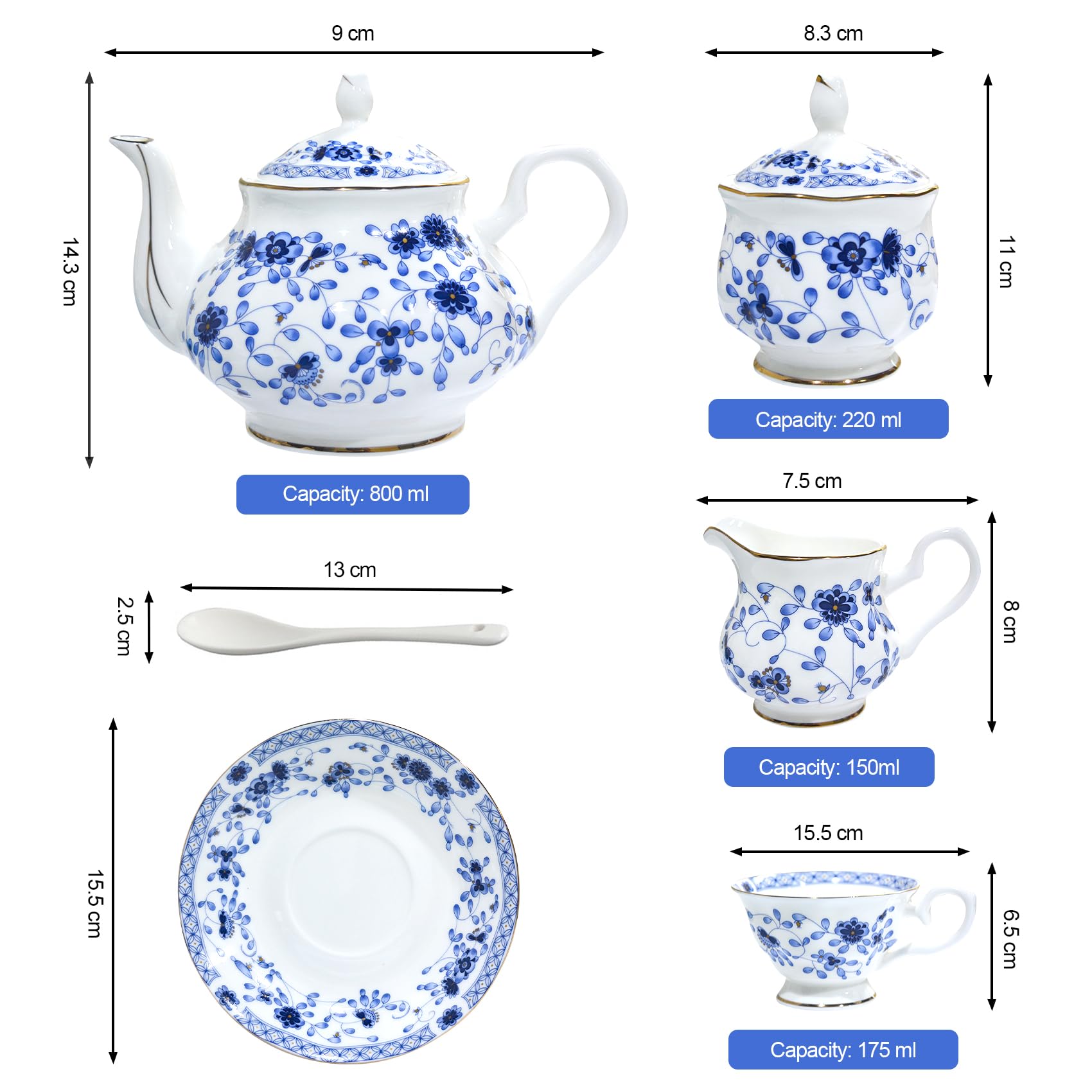 Bone China zestaw do herbaty, 21-częściowy porcelanowy zestaw do herbaty dla dorosłych, filiżanki do herbaty i spodki dla 6 osób, z czajnikiem, łyżkami, cukiernicą, dzbankiem do śmietany,