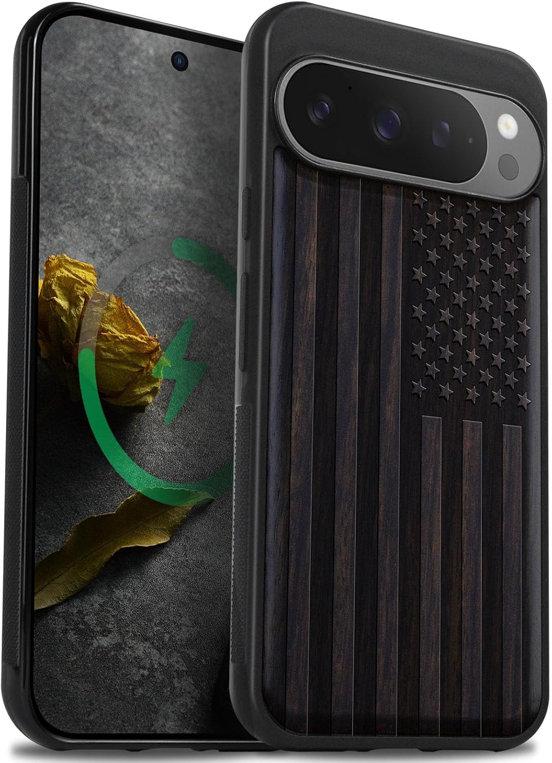 Carveit Magnetic Wooden Case for Pixel 9 Pro Google 9 Pro Case, Wood Artisan Engraved & Soft TPU Shockproof Cover, Compatible with MagSafe Wireless Chargers (American Flag) Blackwood
