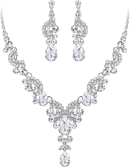 EVER FAITH  | Juego de Collar y Pendientes de lágrima con Ondas Florales para Novia con Cristales de estrás
