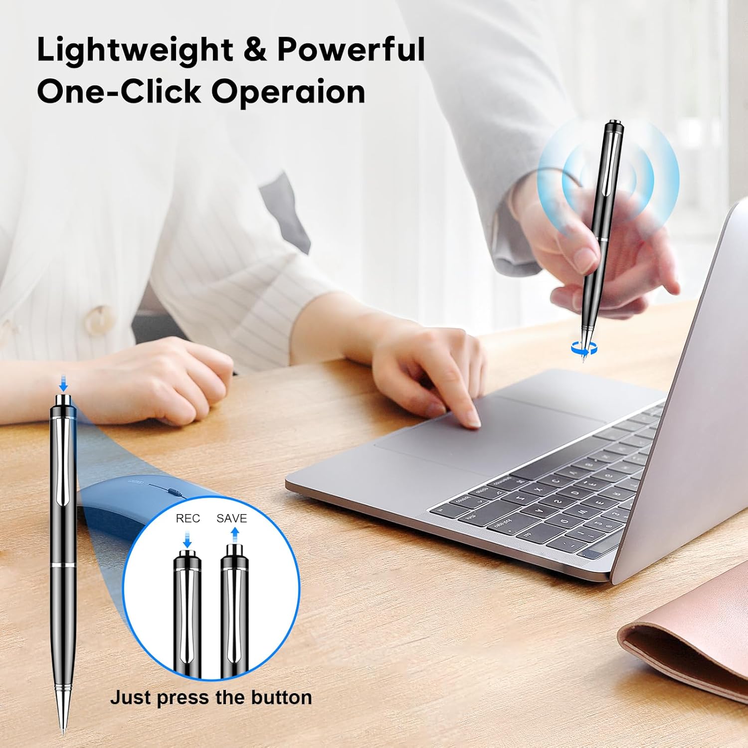 Close-up of the ZIPCIDE Voice Recorder showing the top button for recording and saving, and the internal components when unscrewed.