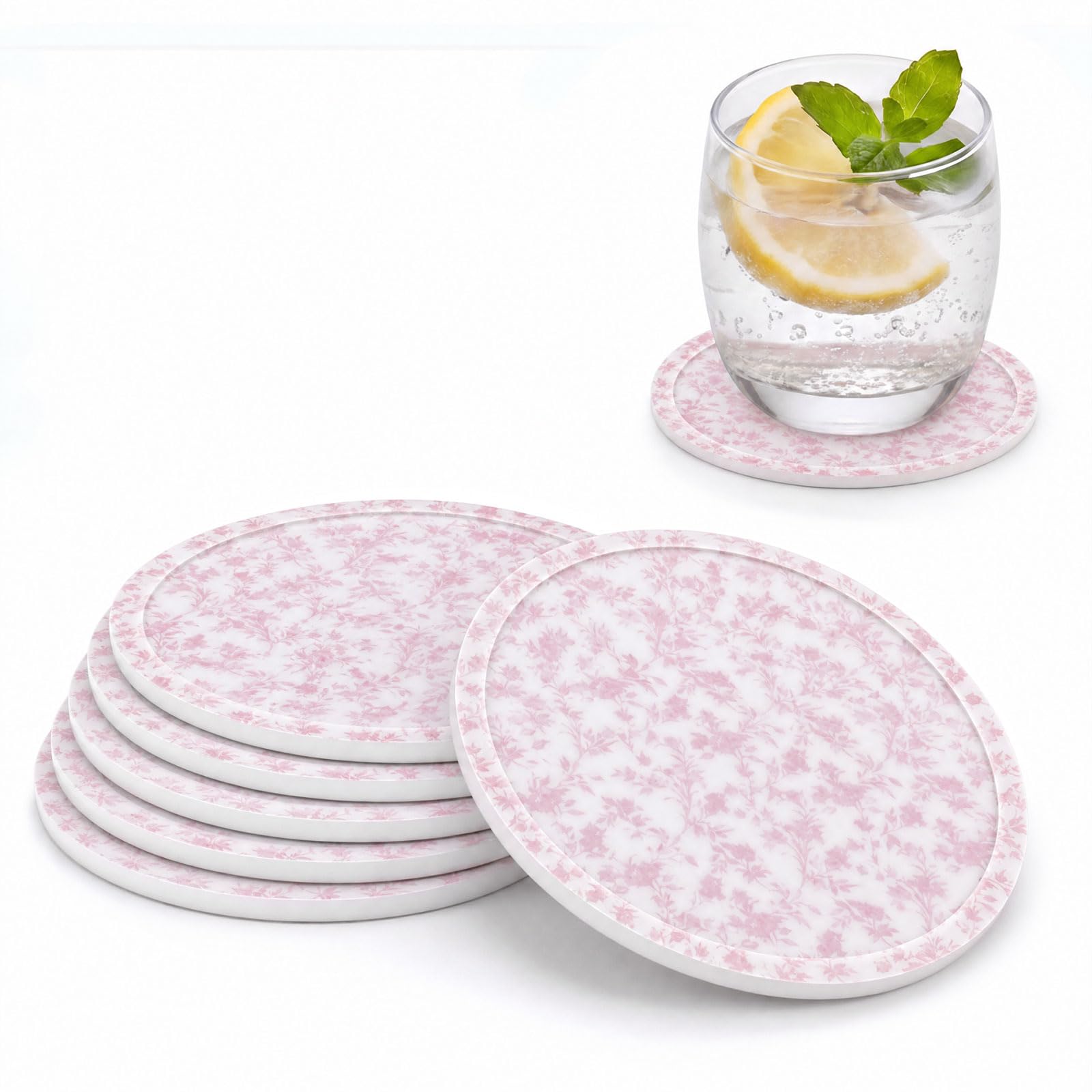 Ksriylm Floral Print Silicone Coasters Set of 6, Non-Slip Spill-Proof Heat Resistant Round Drinks Coasters, Personalised Table Decor Cup Mat for Glasses Coffee Mugs Home Outdoor, Pink