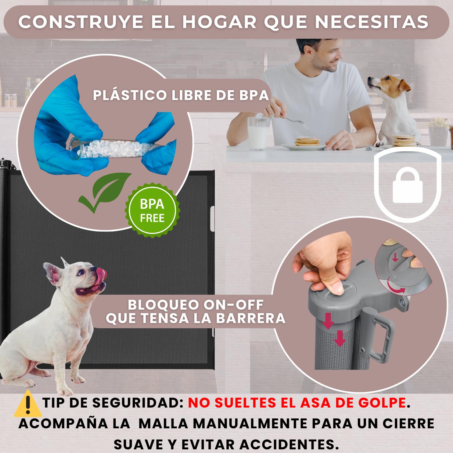 Puerta Retráctil Seguridad Adhesivos o Tornillos -140cm- Barrera Extensible Bebés y Perros - Sin Taladrar. Sin Agujeros - Apta en Escaleras, Puertas, Pasillos (140CM-BLANCO)