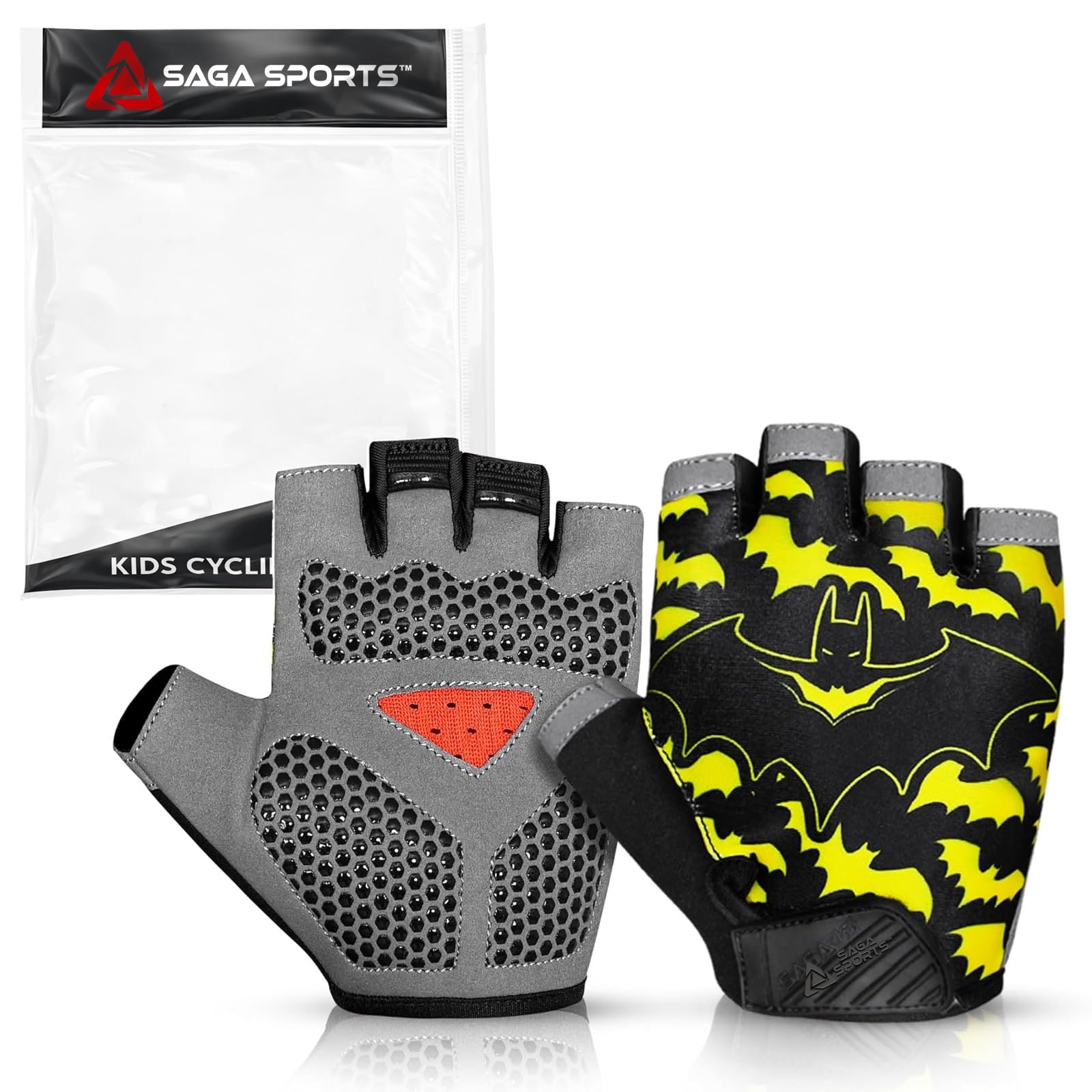 SAGA SPORTS Half Finger Kids Cycling Gloves| Non-Slip, Padded, Antislip, Fingerless Kids Bike Gloves for Boys and Girls | Ideal for BMX, MTB,