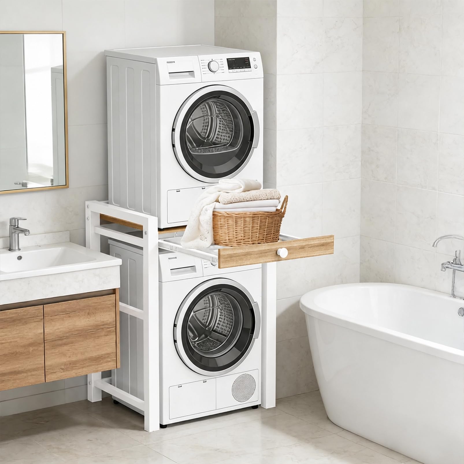 Estantería para lavadora, lavadora y secadora superpuestas, capacidad de carga de 300 kg, armario de lavadora para baño, cocina, balcón, lavandería (blanco con cajones)