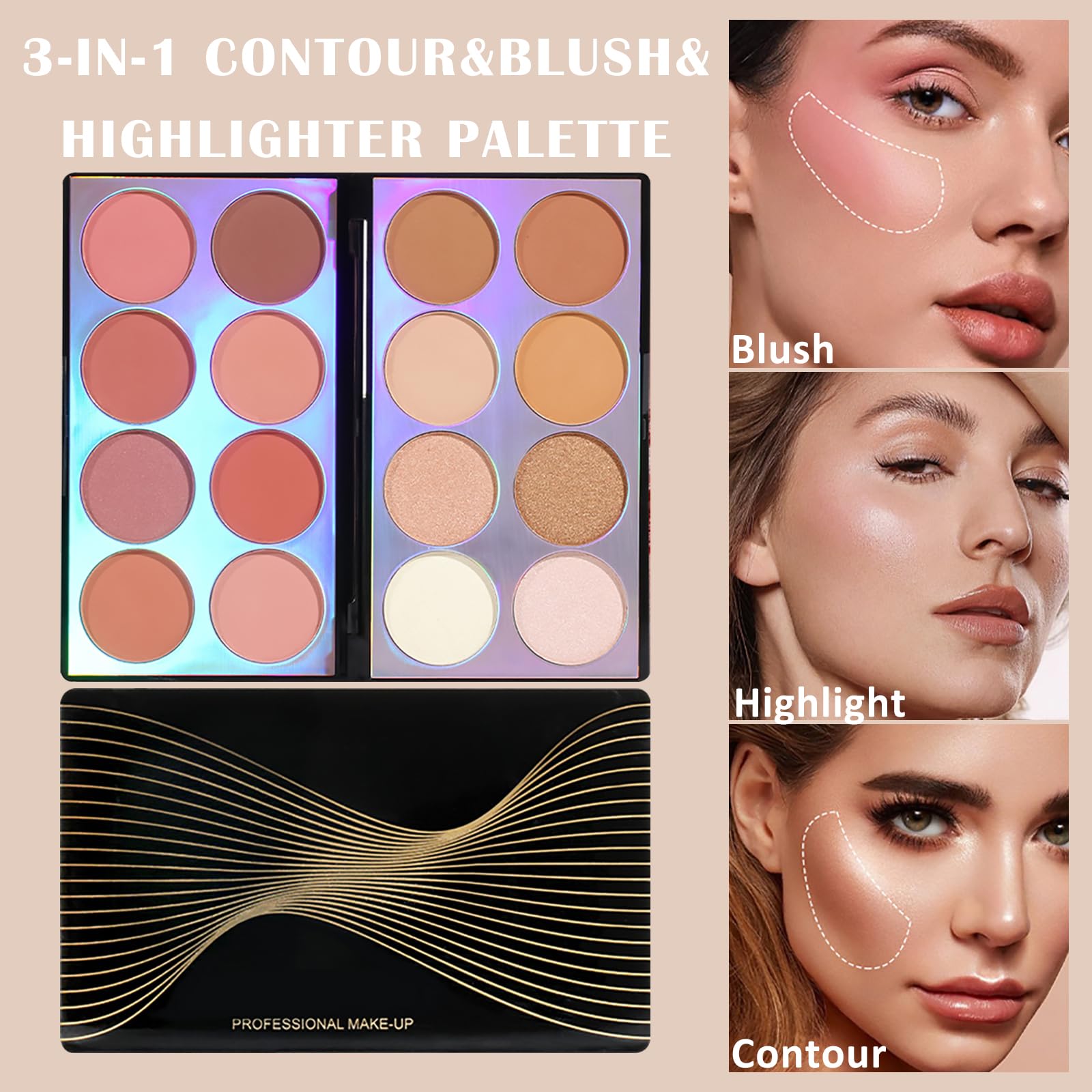 Prreal 16 Colors wielofunkcyjna paleta do konturowania i rozświetlania i różu | 3 w 1 paleta cieni do powiek z konturowym różem i bronzerem, naturalne cienie do powiek i smug