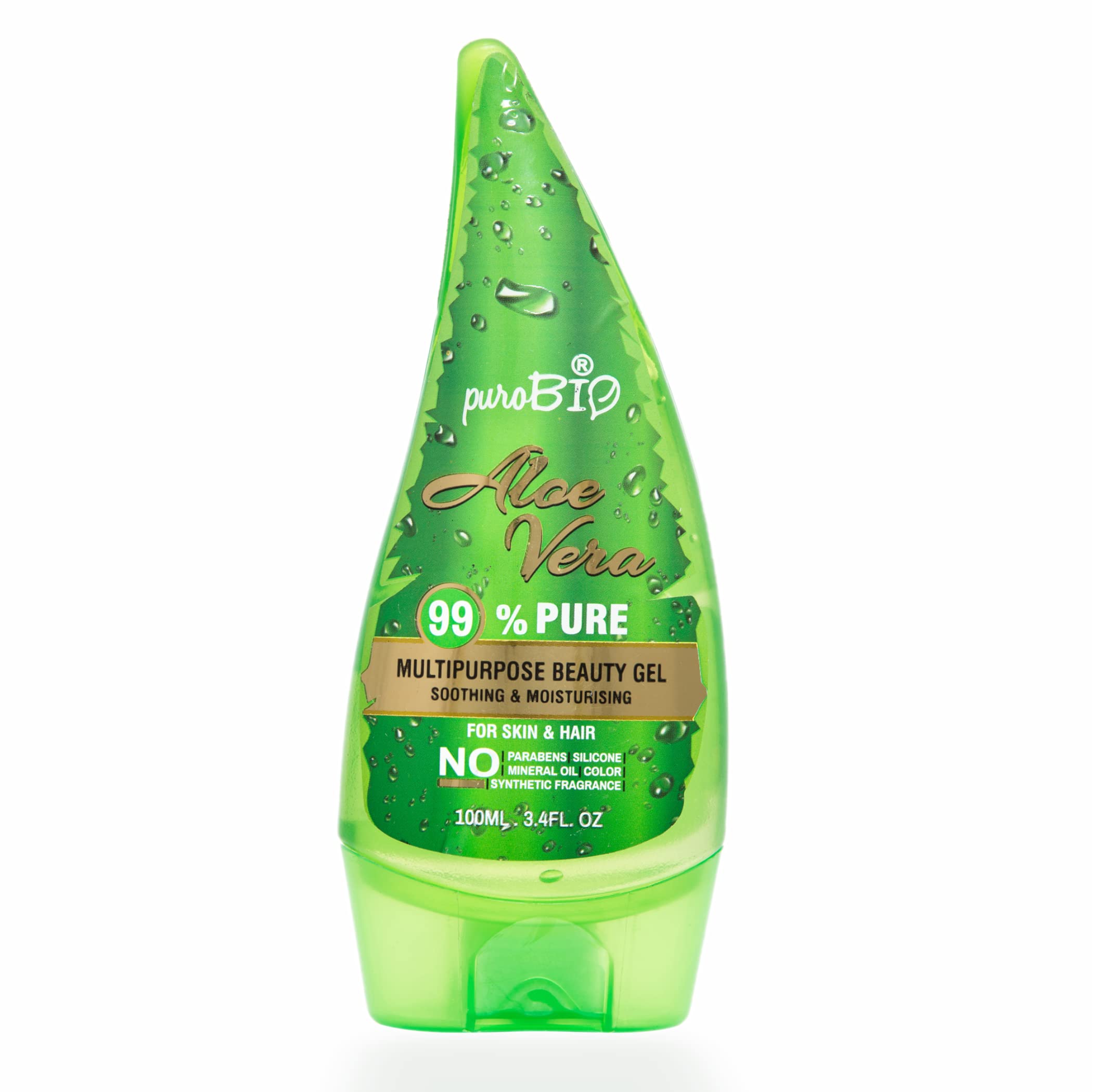 PUROBIO99% Organic Aloe Vera Beauty Gel | Multipurpose Gel for Face, Hair and Sunburn Relief Great for Skin Care | No Parabens Silicons Minerals Oil Color Synthetic Fragrance 100ml