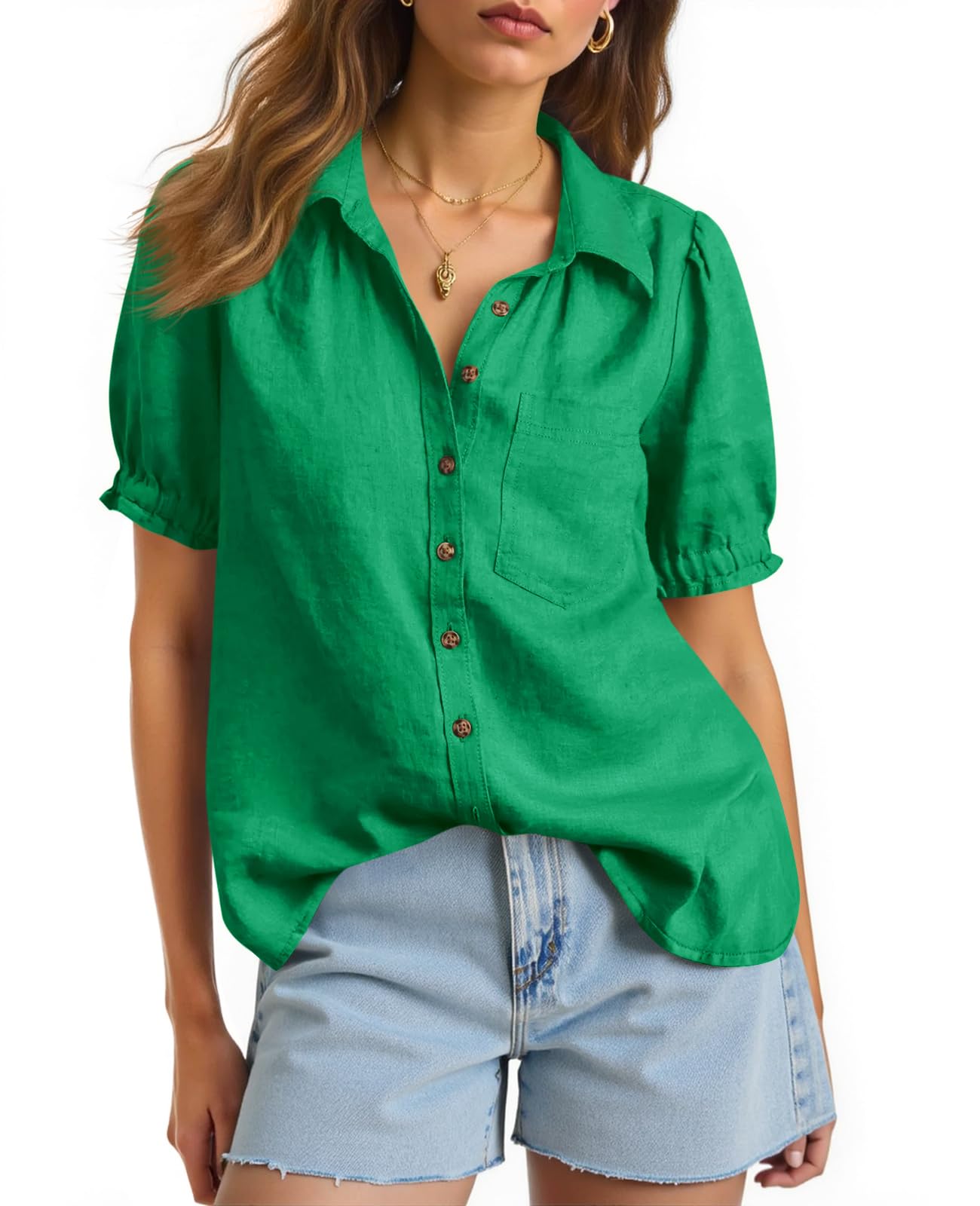 Cicy Bell Camicetta da donna a maniche corte a sbuffo, con bottoni, estiva, casual, con scollo a V, camicetta in lino vestibilità larga