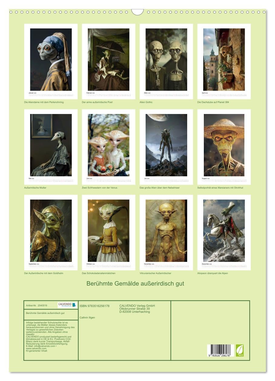 Berühmte Gemälde außerirdisch gut (Wandkalender 2026 DIN A2 hoch), CALVENDO Monatskalender: Alte Meister extraterrestrisch interpretiert - KI generiert (CALVENDO Kunst)