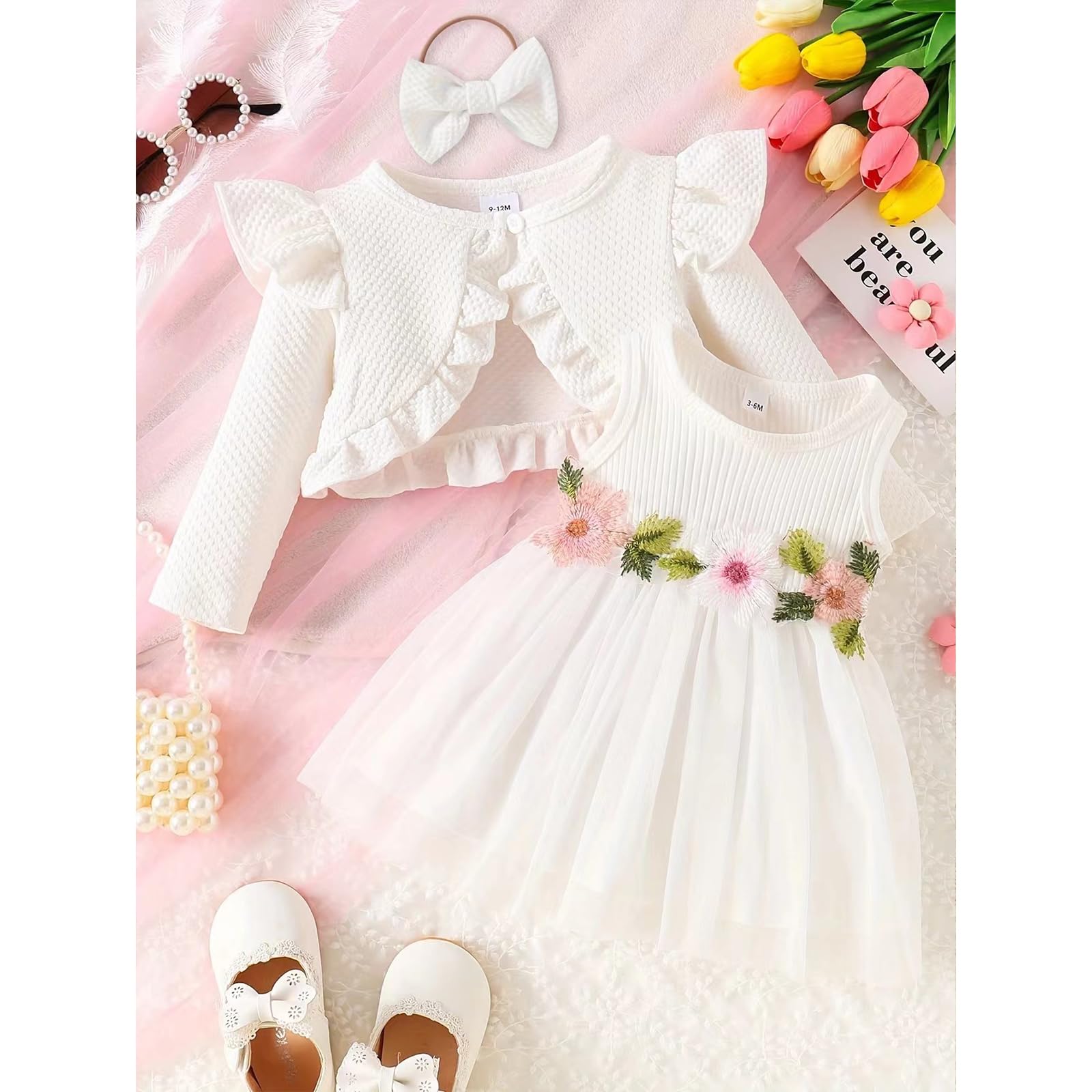 Bambina Vestito e Cardigan Set Manica Lunga Cotone Principessa Tutu Abiti con Cappotto Outfit per Bambine