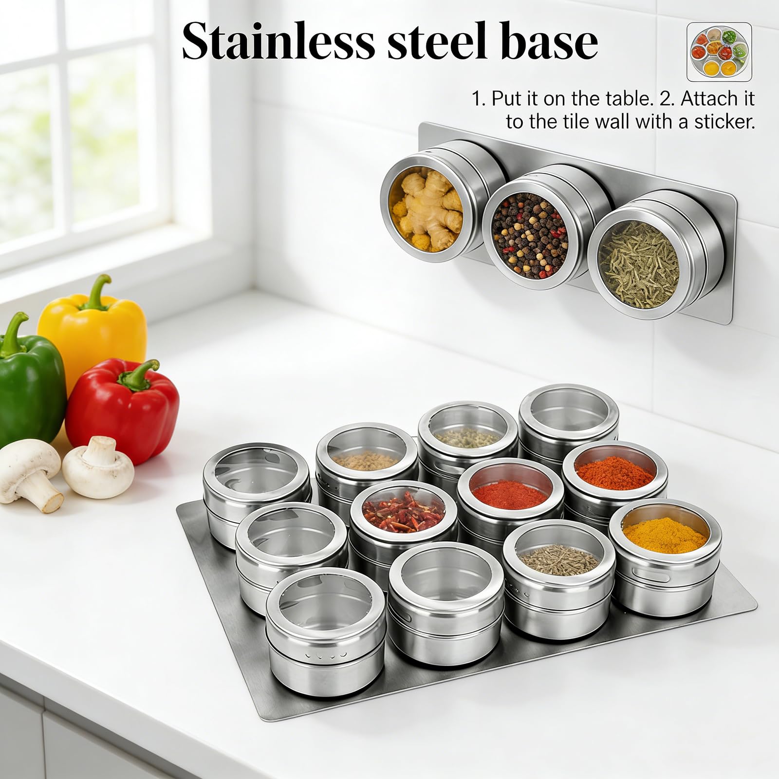 Set di contenitori per condimenti da bancone, 12 barattoli in acciaio inox con coperchi trasparenti, vassoio per preparazione barbecue e cottura, barattoli per condimenti, barattoli per
