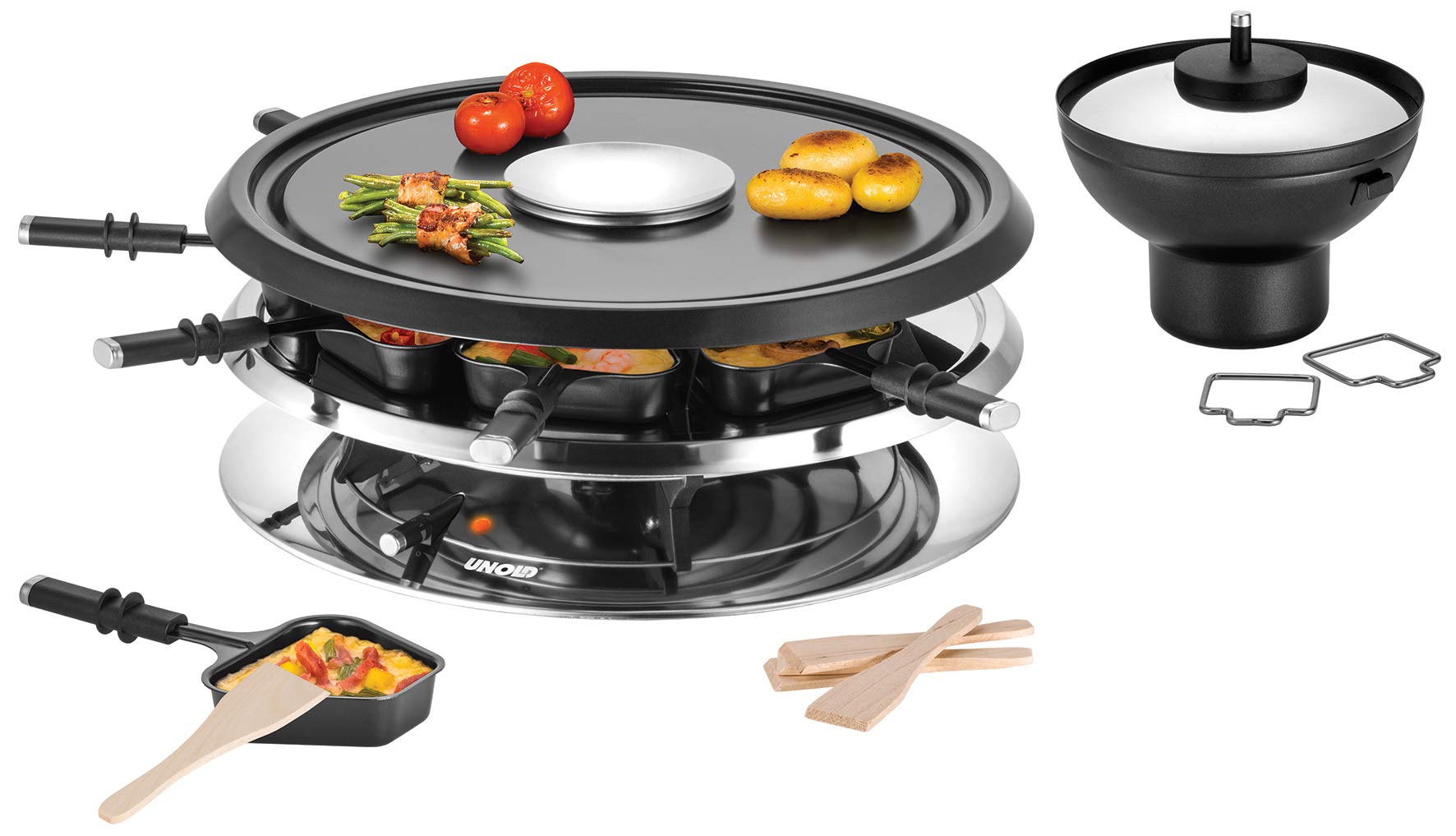 Unold 48726 Raclette Multi 4 in 1-1300 Watt, Für bis zu 8 Personen, Antihaftbeschichtung, Raclette, Fondue, Heißer Stein und Grill, Füllmenge ca. 700 ml