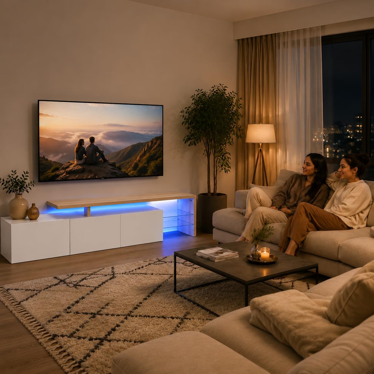 Mueble TV LED 200 Cm, Muebles TV con Estante De Cristal, Mueble TV para Salón, Banco TV Moderno De Madera con 3 Armarios, Armario Bajo para Salón, Blanco