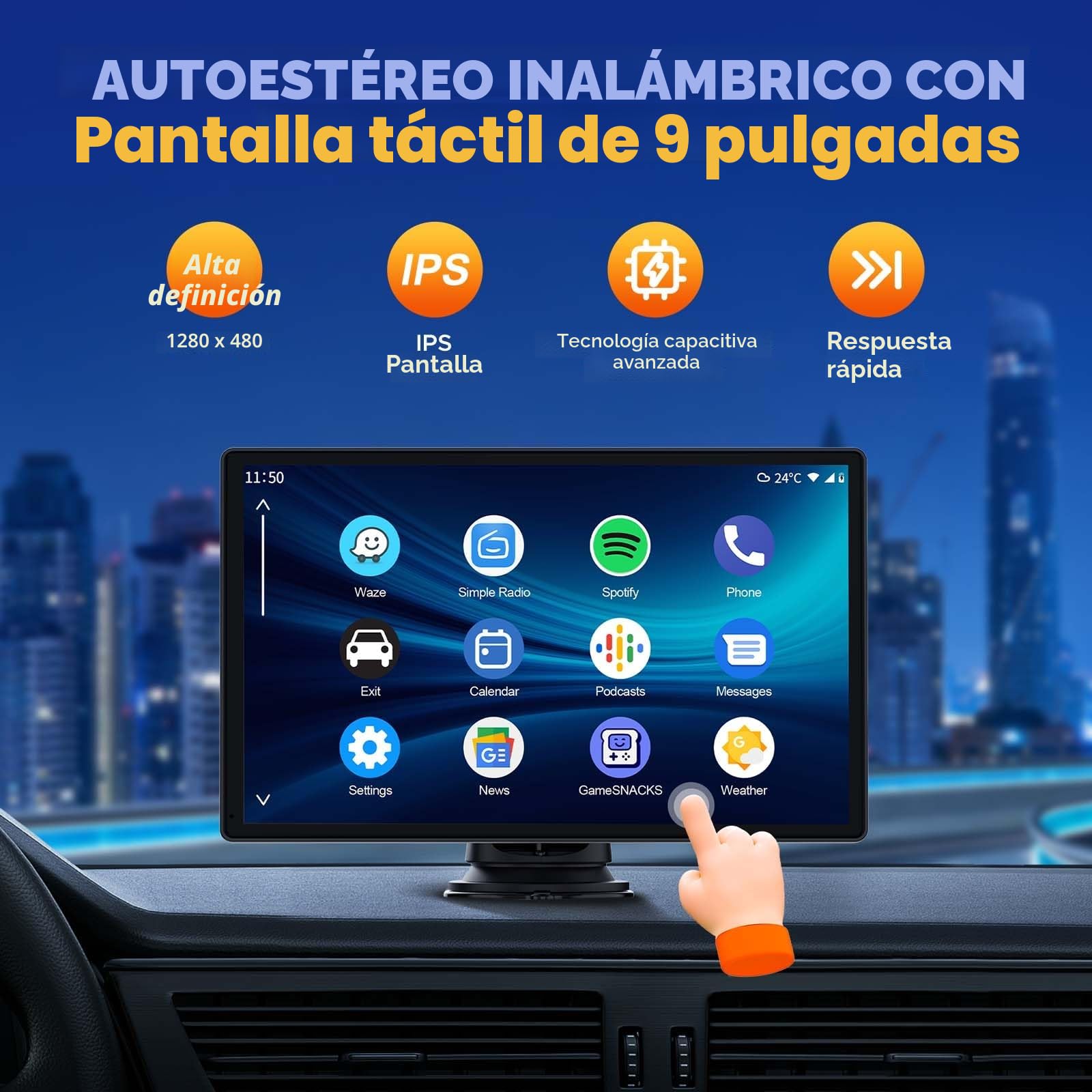 Volam Portátil Radio Coche con Inalámbrico A-pple Carplay & Android Auto,9 Pulgadas Autoradio Estéreo IPS Pantalla Táctil con Bluetooth 5.0, Pantalla de Coche con Asistencia de Voz/Mirror Link/FM/AUX