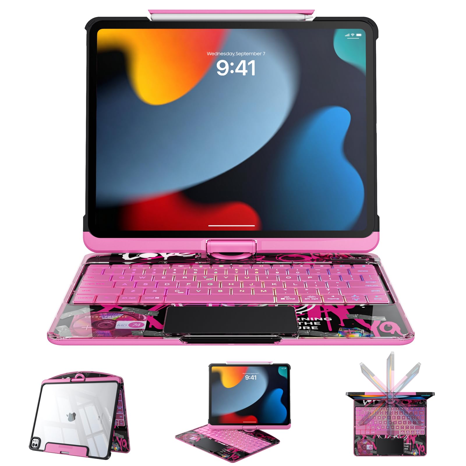 Clear Case with Keyboard for iPad 9th/8th/7th Gen 10.2 Inch, 360°+180° Rotating iPad Keyboard (2021/2020/2019), LCD Display, Pencil Holder, 7-Color Backlit, Multi-Touch Trackpad, Pink