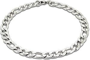 Baronyka Handmade Men's Silver Figaro Chain Bracelet: 8" Waterproof Lobster Clasp Jewelry