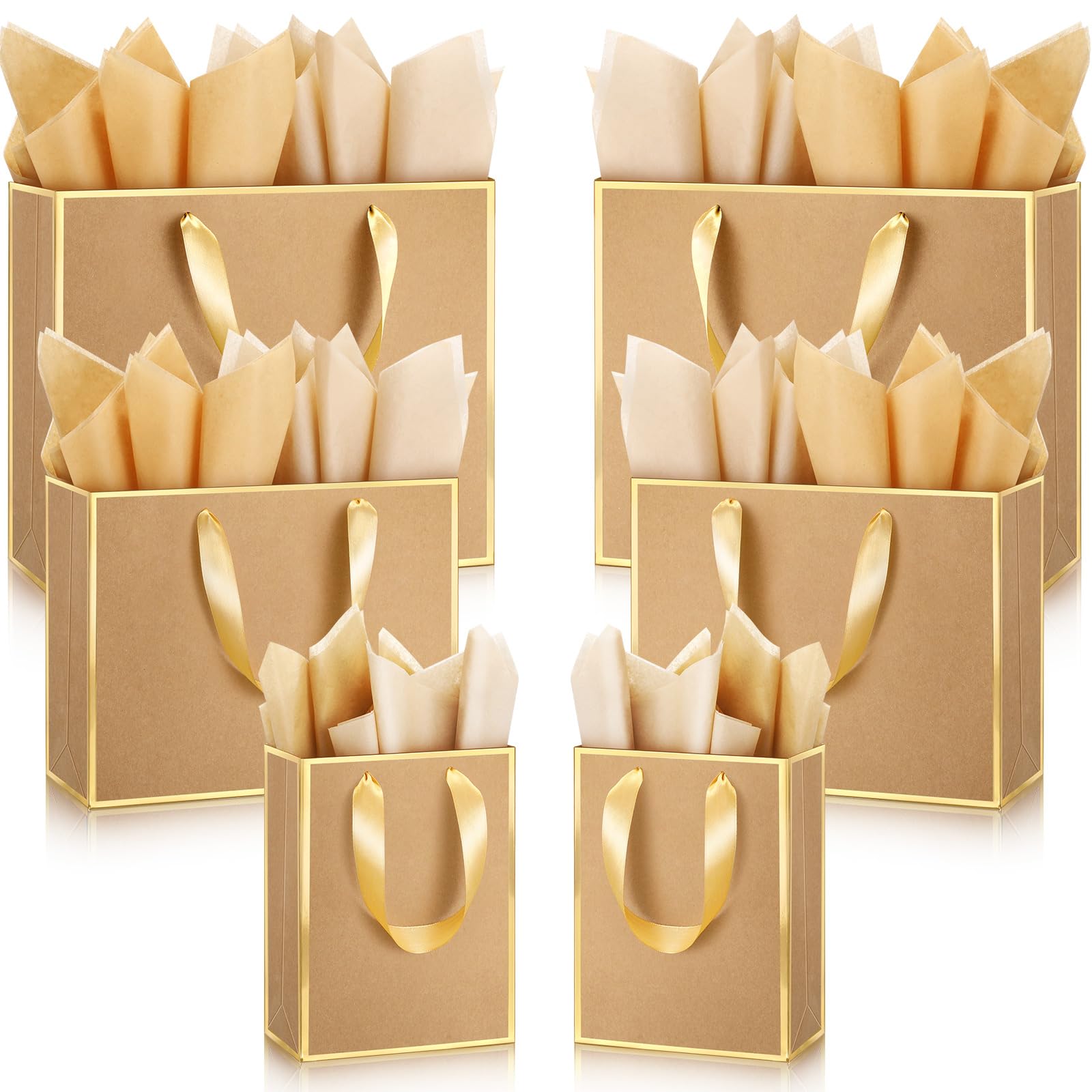 Yeaqee 12 Pcs Metallic Paper Gift Bag with Handle Tissue Paper Assorted Size Include 8" 10" 13" Thank You 5 Senses Gift Bag for Him Her Birthday Wedding Groomsmen Bridesmaid(Kraft,Gold)