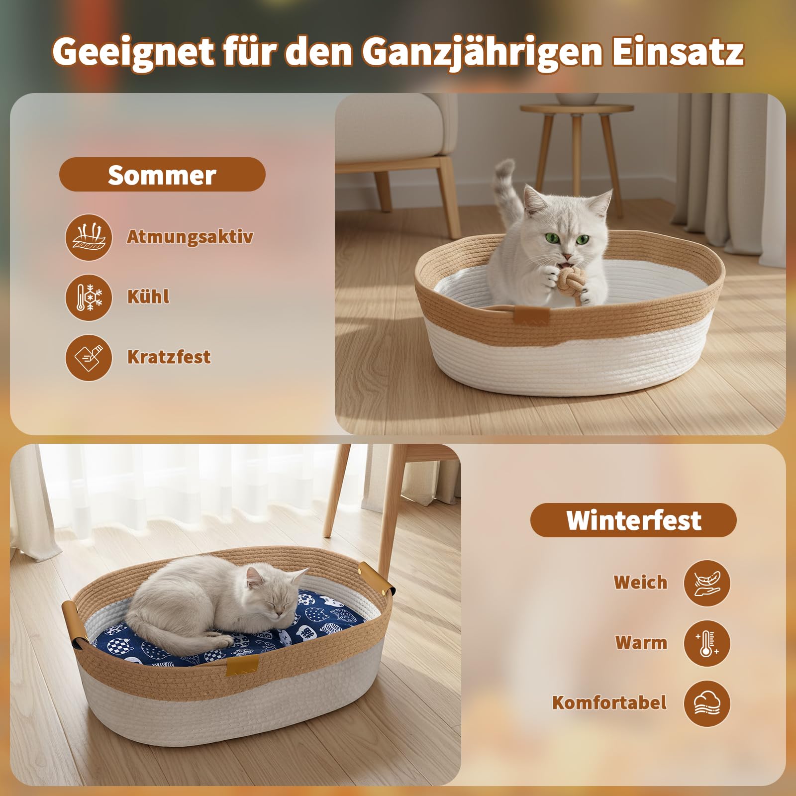 Mittimiya Baumwollseilen Gewebtes Katzenbett mit Kissen, 55 X 40 X 17 cm Krallen-SchleifbestäNdiges Waschbar Katzenkorb, Katzenkorb zum Schlafen für Alle Jahreszeiten Geeignet