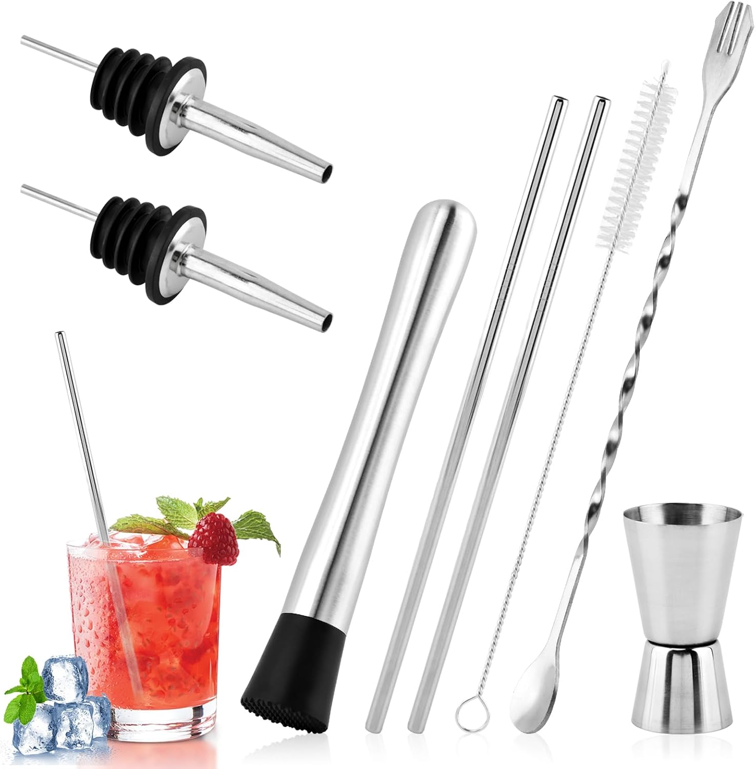 8” Stainless Steel Muddler,10” Mixing Spoon & 2.76”Jigger for for Bar