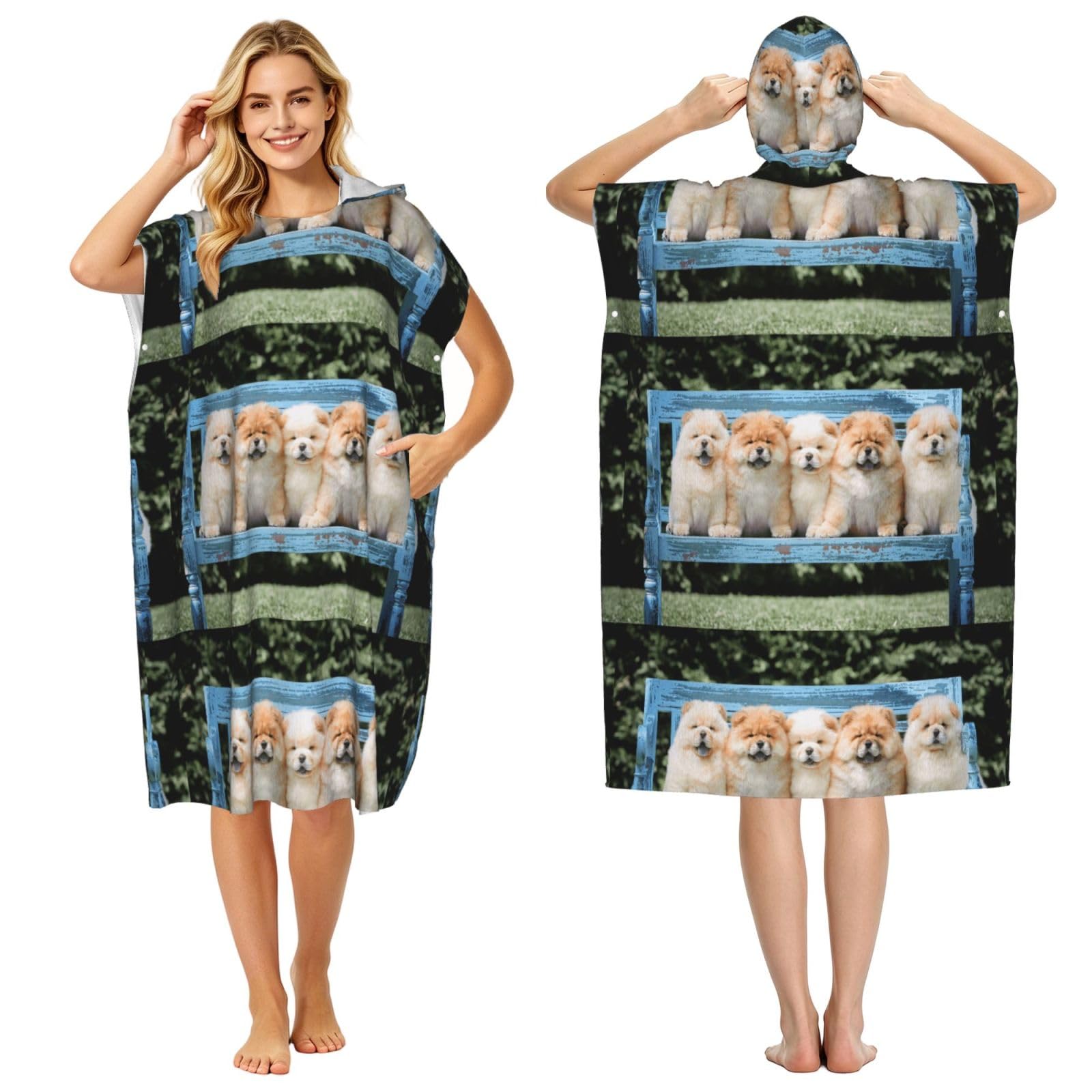 Poadnly Chow-Chow Cute Dogs Five Puppies, Adult Hooded Beach Towel 90 x 110 cm,Changing Bath Robe, Surf Poncho Towel For Women Men