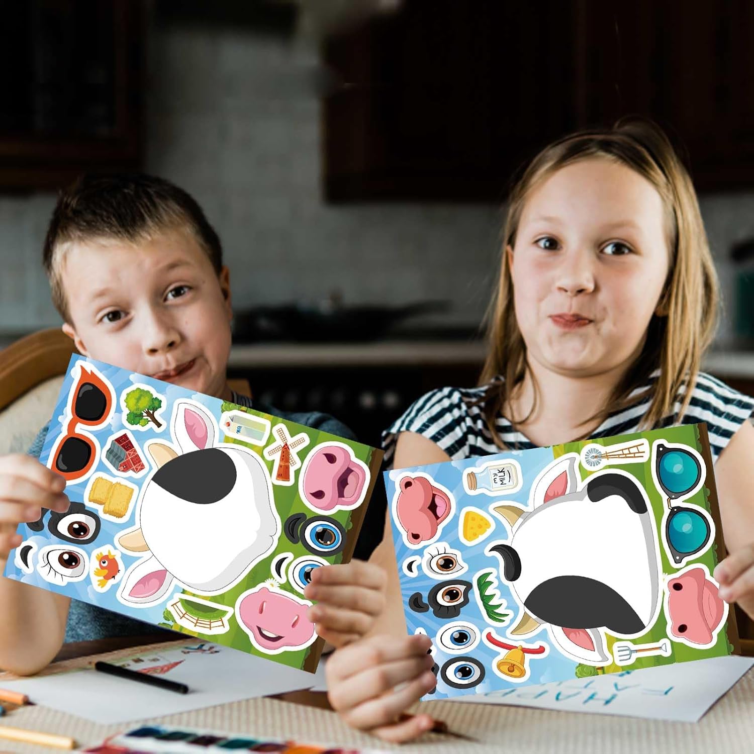 24 PCS Cows Stickers for Kids, Make-a-face Sticker Sheets Make Your Own Fram Animal Sticker for Kids Party Favor Supplies Craft