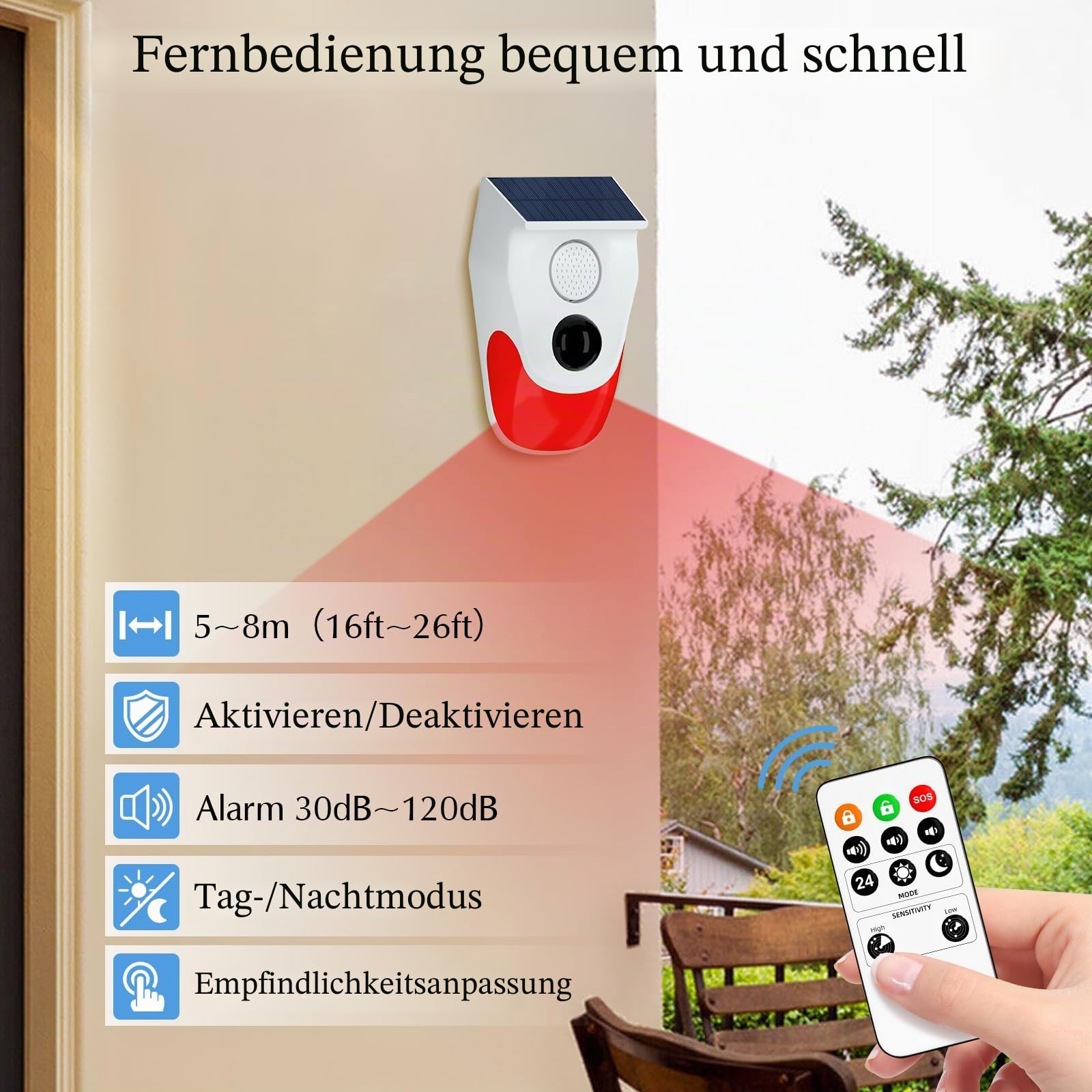 Alarmanlage Haus mit Fernbedienung, Bewegungsmelder Aussen, Solar Bewegungssensor 120dB 3 Modi Bewegungsmelder für Haus, Bauernhof, Villa, Hof, Garten, 2 Stück