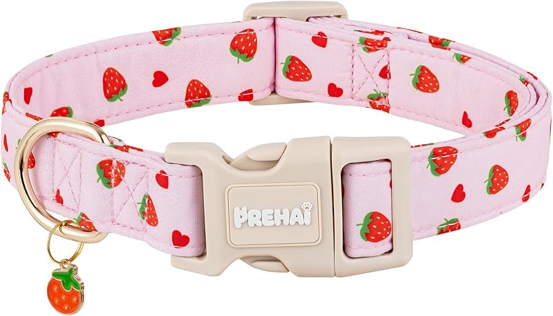 PREHAI Pink Strawberry Dog Collar Sweet Spring Summer Collars with Cute Strawberries Pattern for Female Girl Small Medium Large Dogs S
