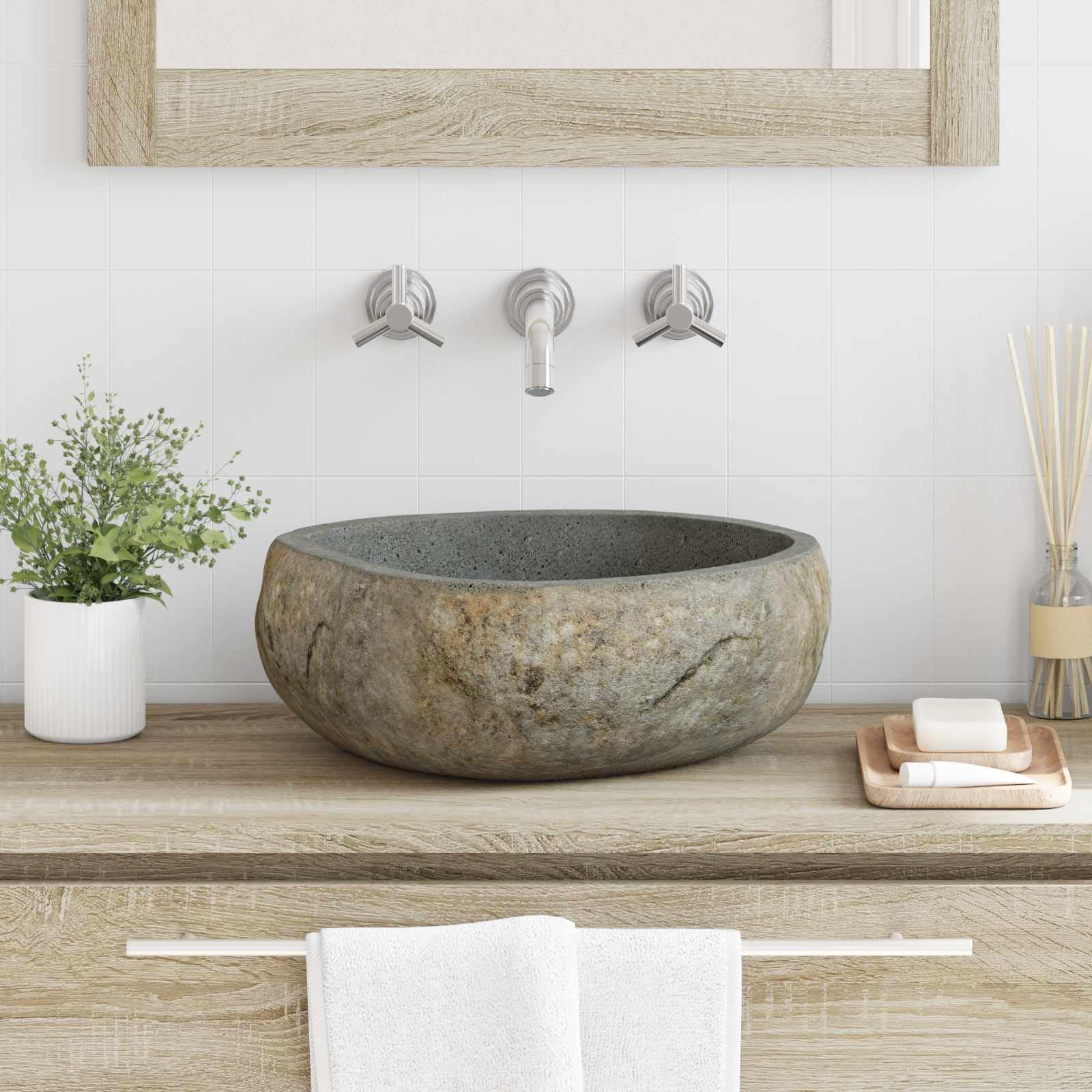vidaXL Basin in pietra fluviale Grigio chiaro 45 x 35 x 15 cm, Lavabo ovale elegante, moderno, grigio chiaro lucidato, design unico, drenaggio efficiente, durevole