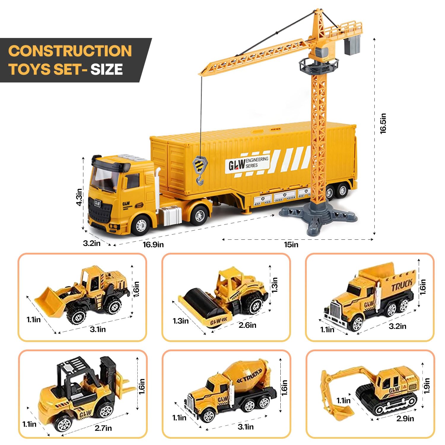 PATEMZON Set De Vehículos De Construcción Con Camión Grúa, Excavadora, Aplanadora Y Grúa Torre, Con Luces Y Sonidos, Regalo Para Niños De 3 A 7 Años