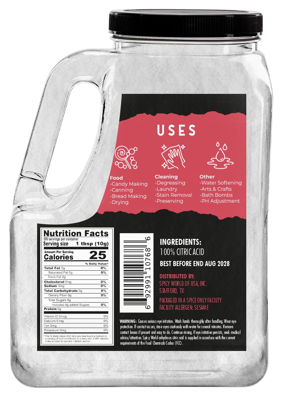 Citric Acid 11 LB Bulk Jar - All Natural, Food Grade, Non-GMO Citric Acid Powder for Cleaning, Bath Bombs, Preserving | Fine Granular & Premium Quality by Spicy World