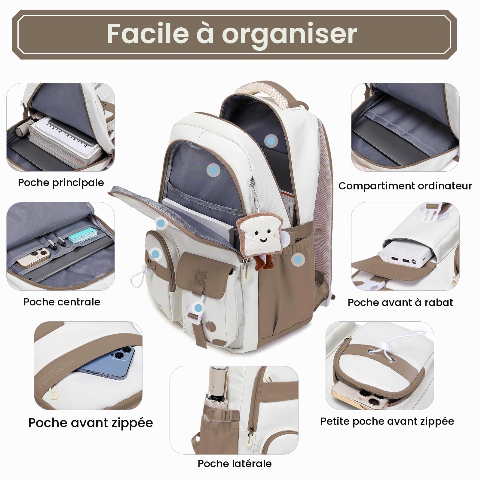 Amythe Sac à Dos Scolaire Collège Léger Grande Capacité, Marron