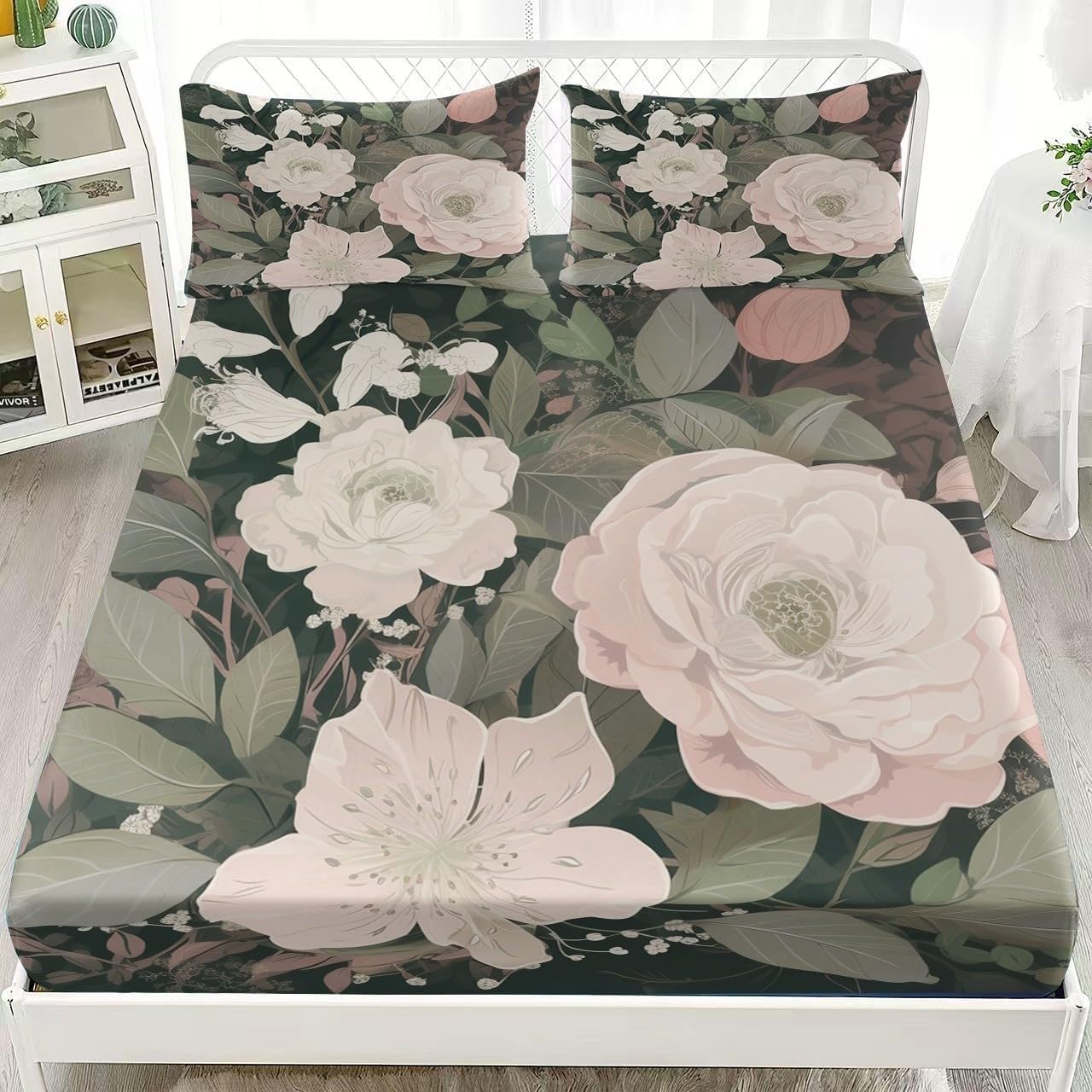 Bsyyzqc Boys Large Pink Flowers Super King Fitted Sheet Leaves Bed Sheets Deep Pocket 12 Inch (30 Cm) Soft Cozy 3 Piece Microfibre Bed Sheet 180X200 Cm With 2 Pillowcases 50X75 Cm