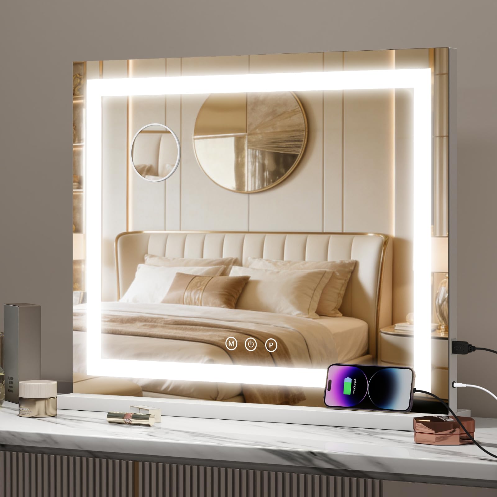 Kwanner Hollywood Schminkspiegel mit LED-Beleuchtung, Makeup Spiegel mit Beleuchtung, 3 Farbmodi/Helligkeitsregelung, Touch-Steuerung, Abnehmbarer 10X-Zoom-Spiegel(Weiß, 62x50cm)