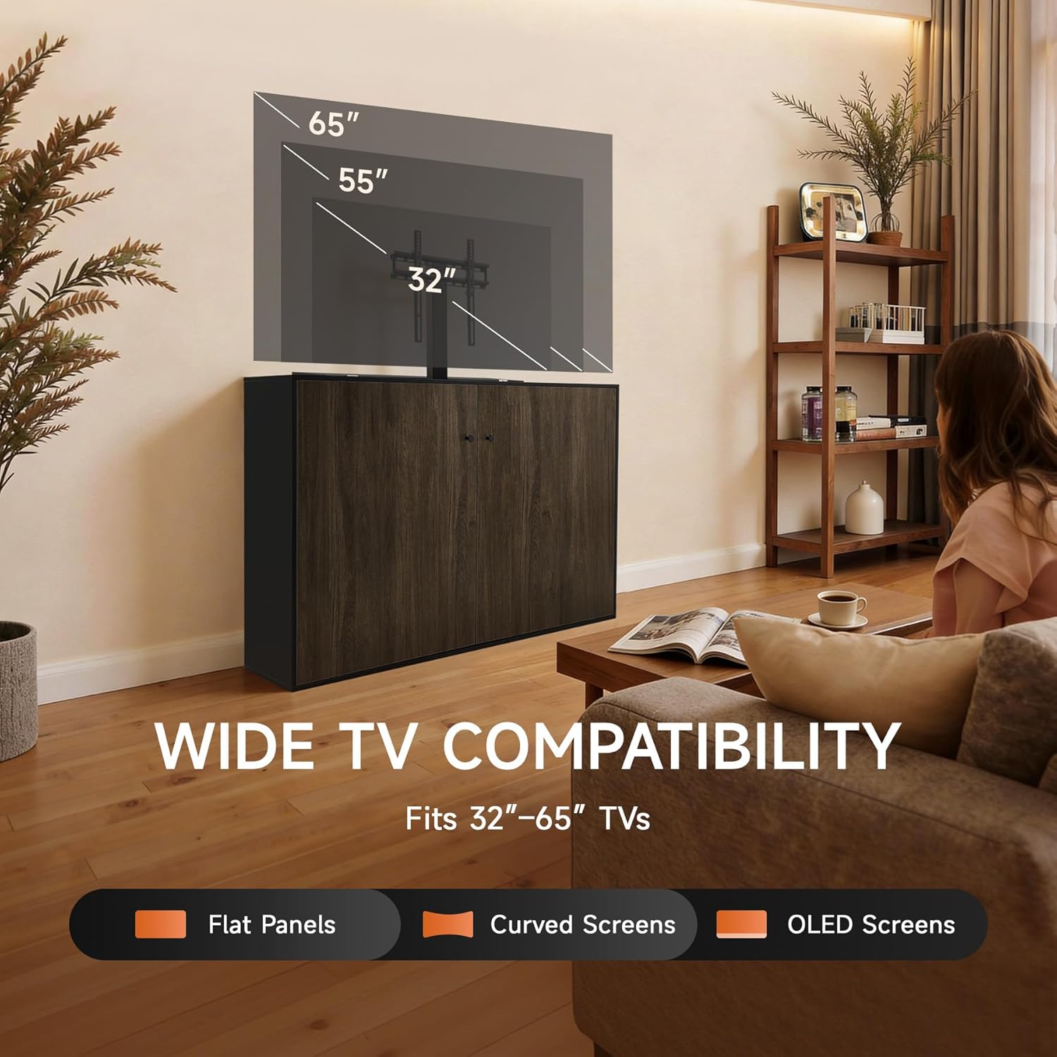 CO-Z Motorized TV Lift for 32-65 Inch TV Mount Mechanism with Digital Display Remote Control and Memory Setting, Height Adjustable 39-63 Inch,Load Capacity 177 Lbs for Home Office