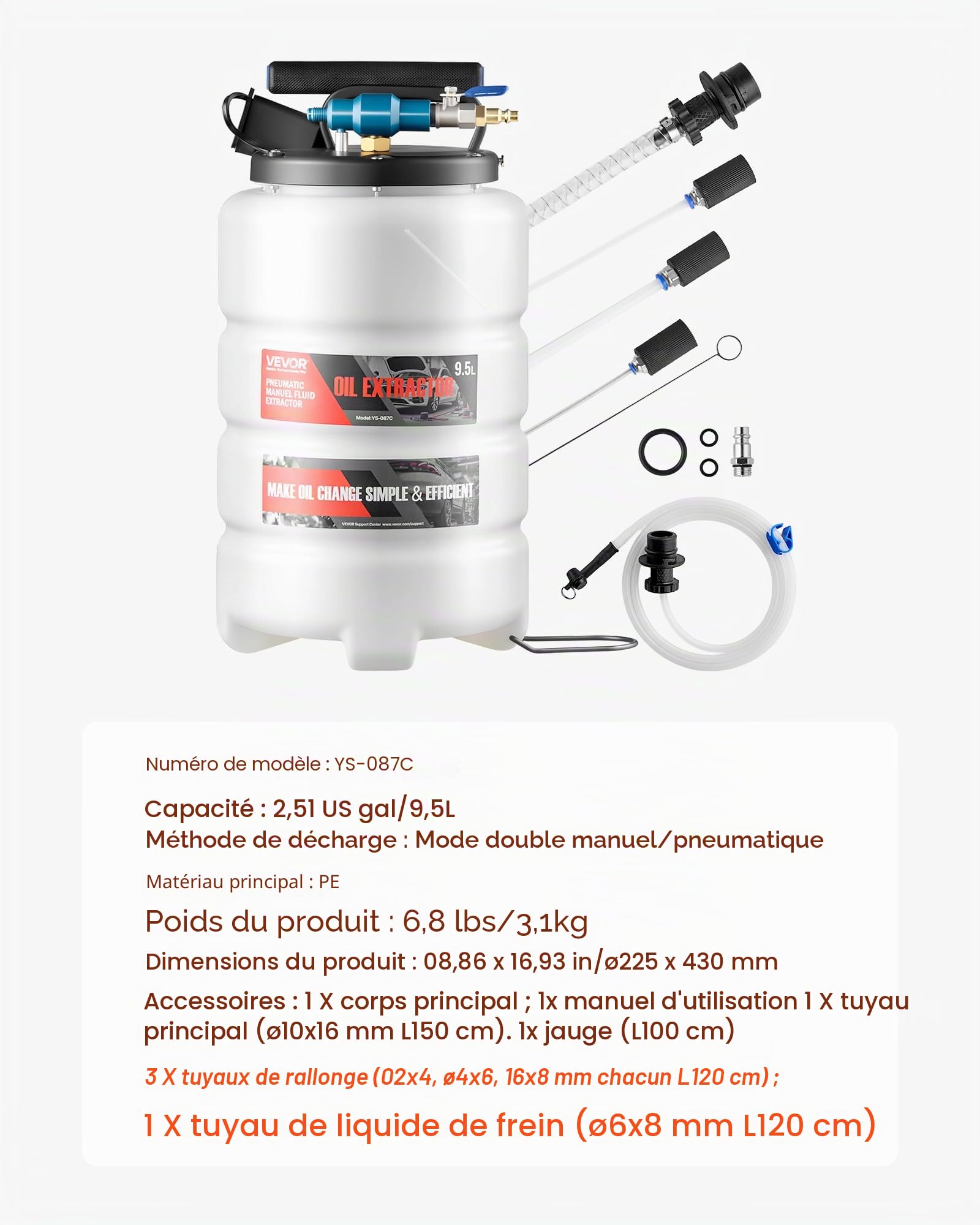 VEVOR Extracteur de Fluides 9,5 L Pompe Vidange Huile Moteur à Aspiration Pneumatique Manuelle pour Voitures, Tondeuses à Gazon, Bateaux, avec Tuyau 150 cm, 3 Tuyaux d'Extension 120 cm, Réservoir PEHD