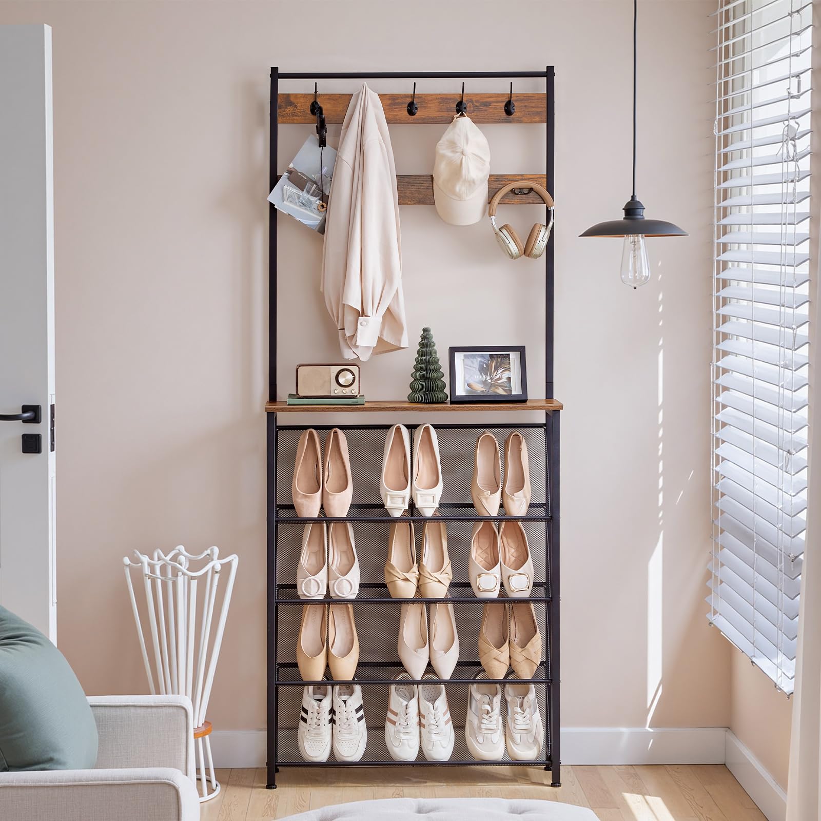 HOOBRO Meuble d’Entrée Étroit de 20 cm avec Rangement à Chaussures et Crochets, Porte-Manteau Multifonctionnel, pour Couloir, Entrée, Derrière la Porte, Marron Rustique et Noir EBF20MT01