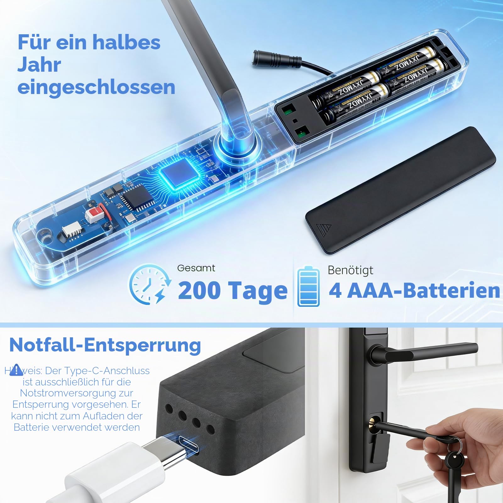 Smart-Türschloss Fingerabdruck-Türschloss, Intelligentes Haustürschloss mit Griff & Touch-Tastatur, Semiconductor-Fingerabdruck, RFID/APP/Code/Fernbedienung, für Aluminium-Holz-Vorhänge
