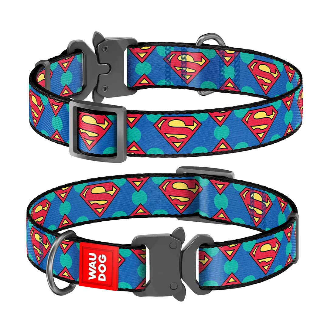 WAUDOG Adjustable Dog Collars - Superman Printed Collars for Dogs & Puppies - Soft Durable & Strong Dog Collars - Nylon Dog Collars for Pets Multicolor (24-40 cm)