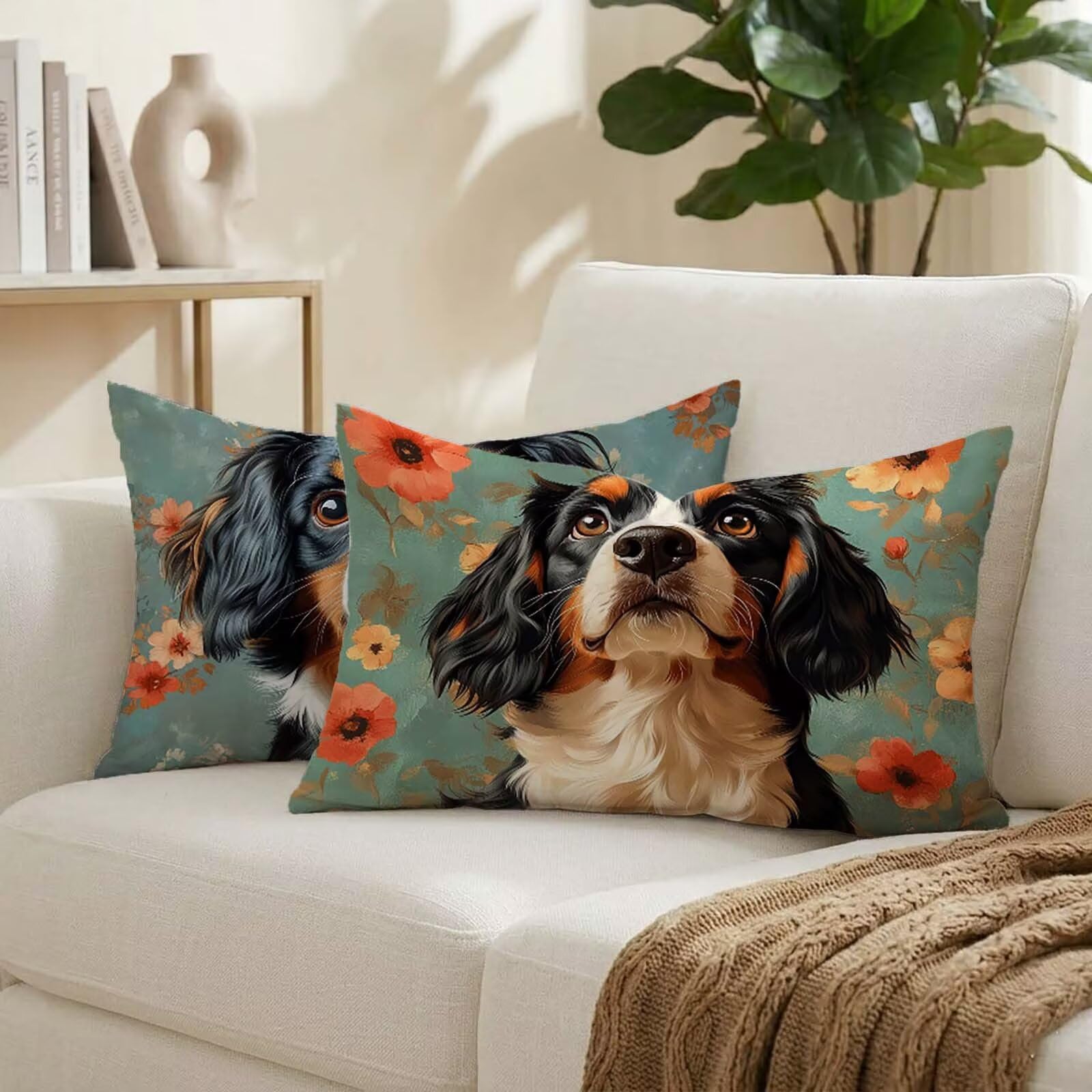 Coussin exterieur impermeable 50x80 cm lot de 2 avec motif chien en lin K-2998